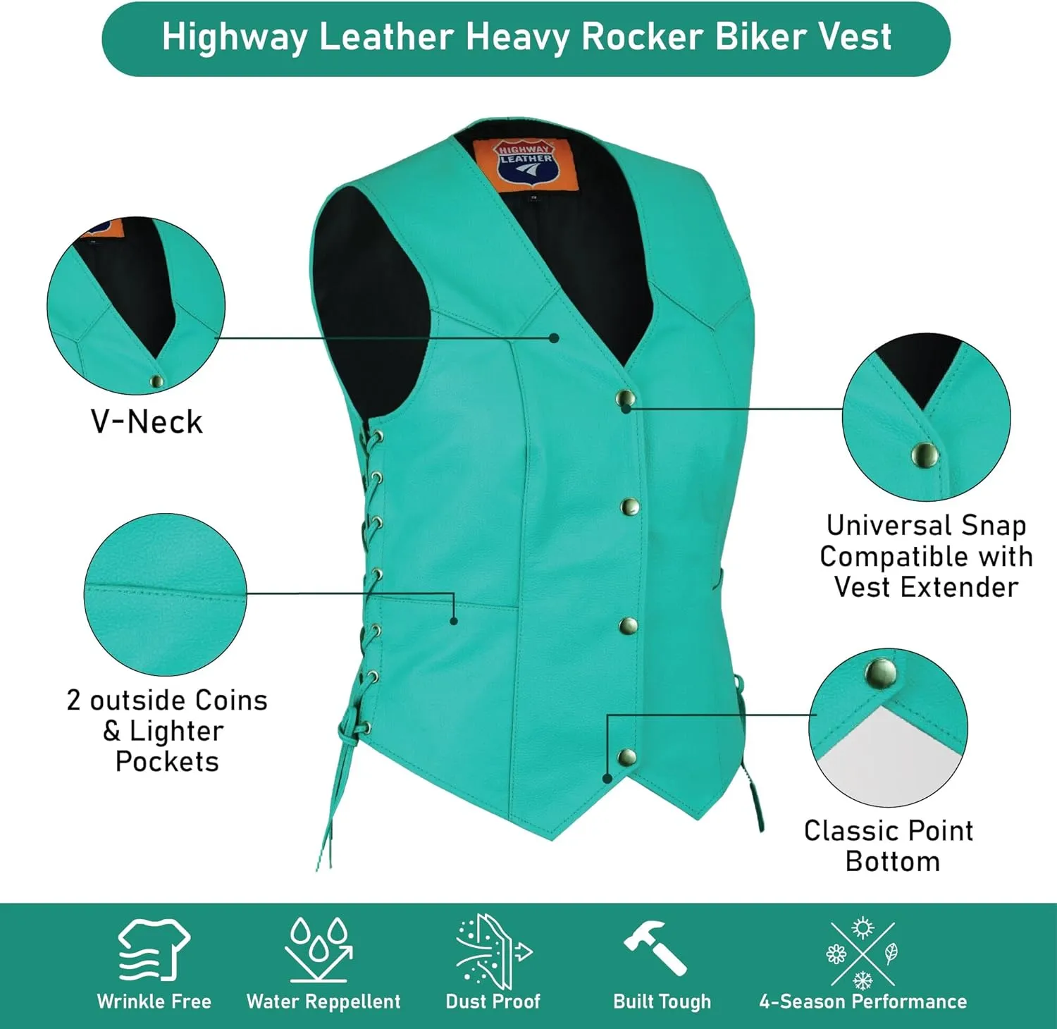 HL14501TEAL Women's Teal color side laced Leather Vest with utility Pocket for clubs, White
