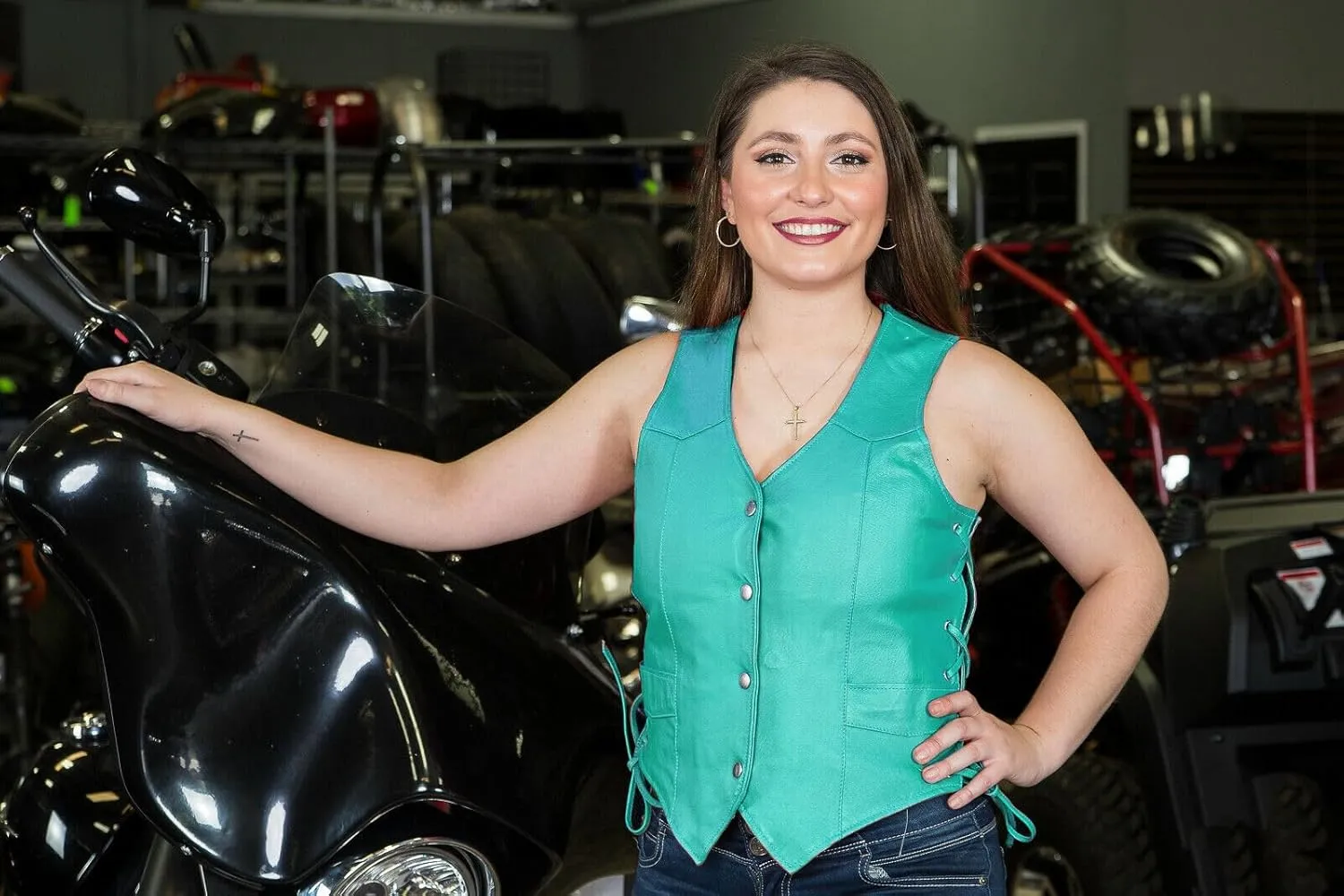 HL14501TEAL Women's Teal color side laced Leather Vest with utility Pocket for clubs, White