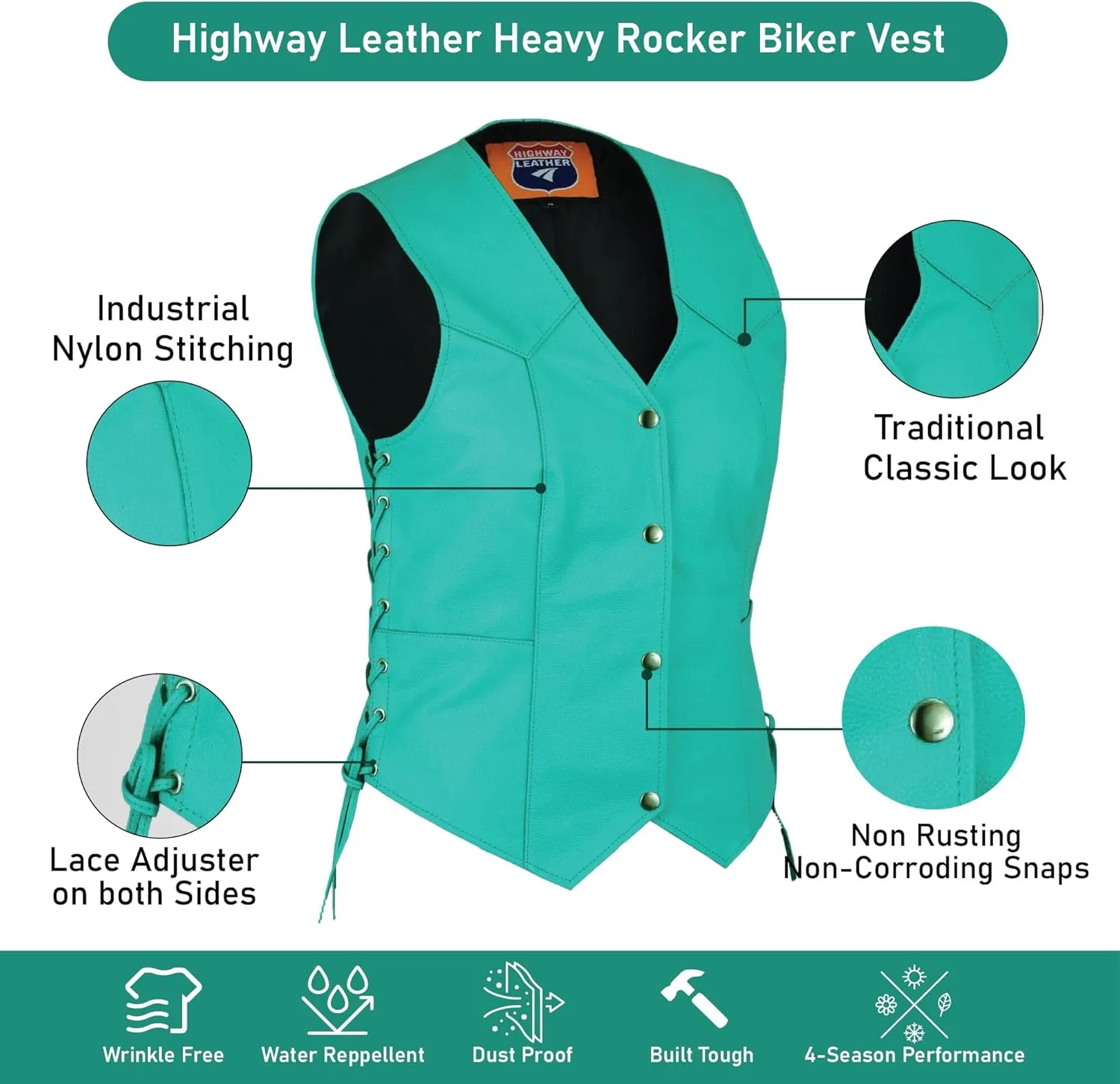 HL14501TEAL Women's Teal color side laced Leather Vest with utility Pocket for clubs, White