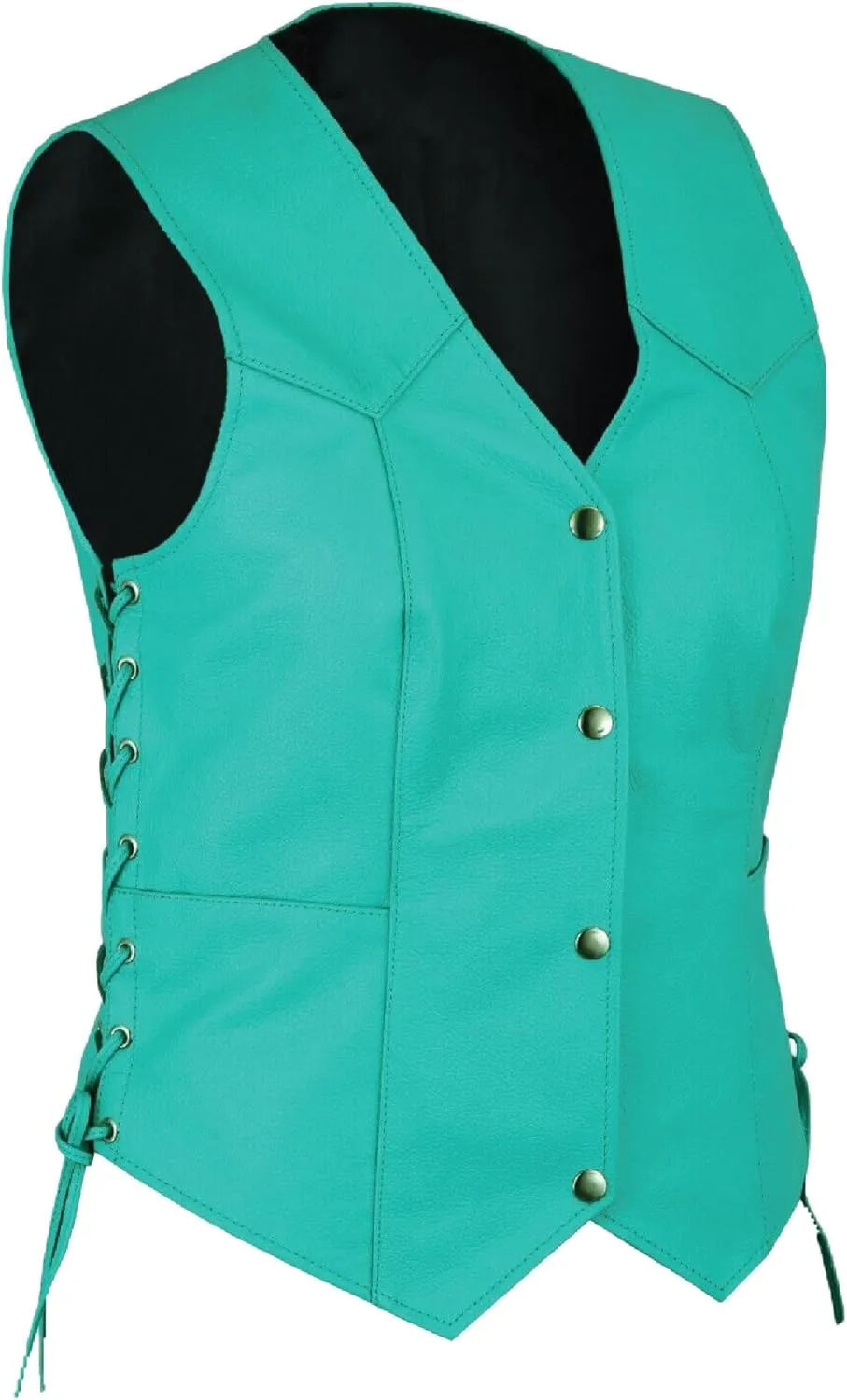 HL14501TEAL Women's Teal color side laced Leather Vest with utility Pocket for clubs, White