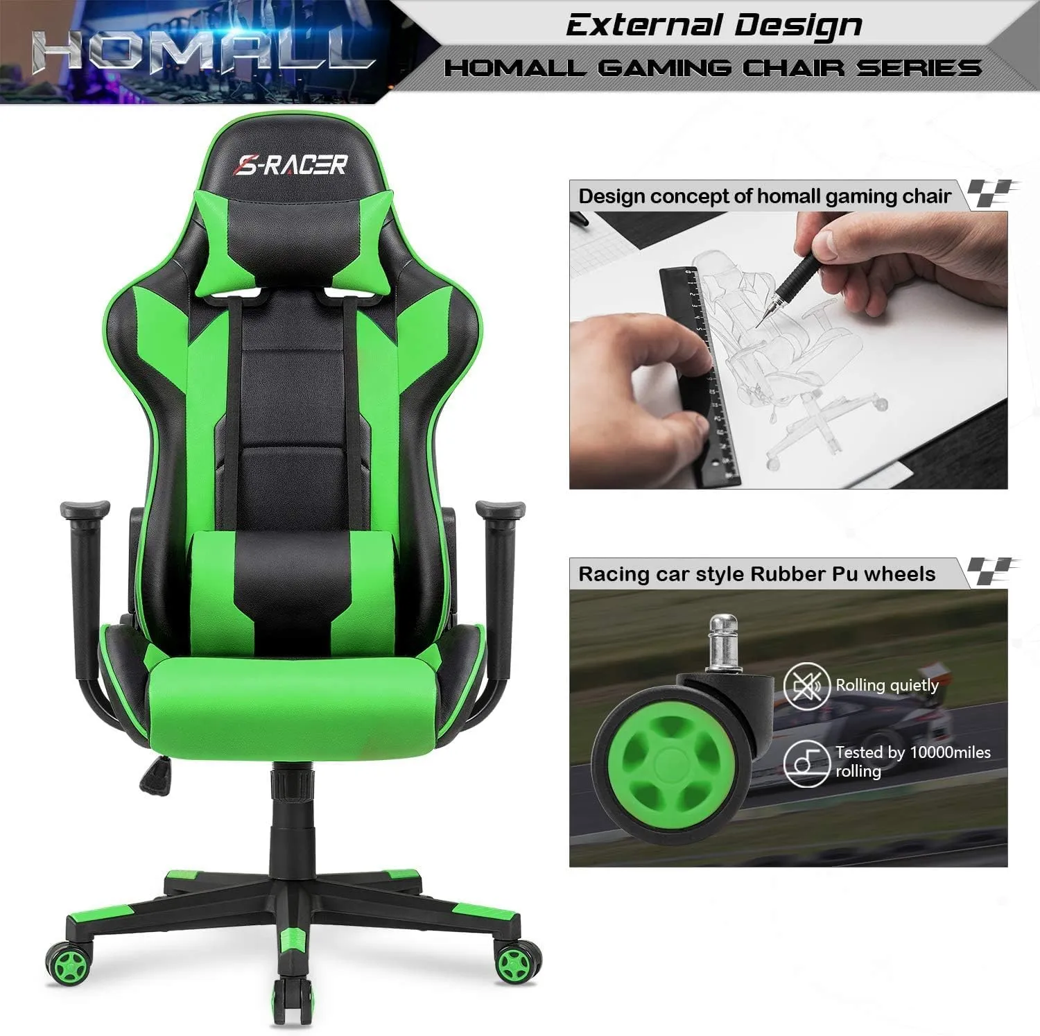 Homall Gaming Chair, Office Chair High Back Computer Chair Leather Desk Chair Racing Executive Ergonomic Adjustable Swivel Task Chair with Headrest and Lumbar Support (Green)