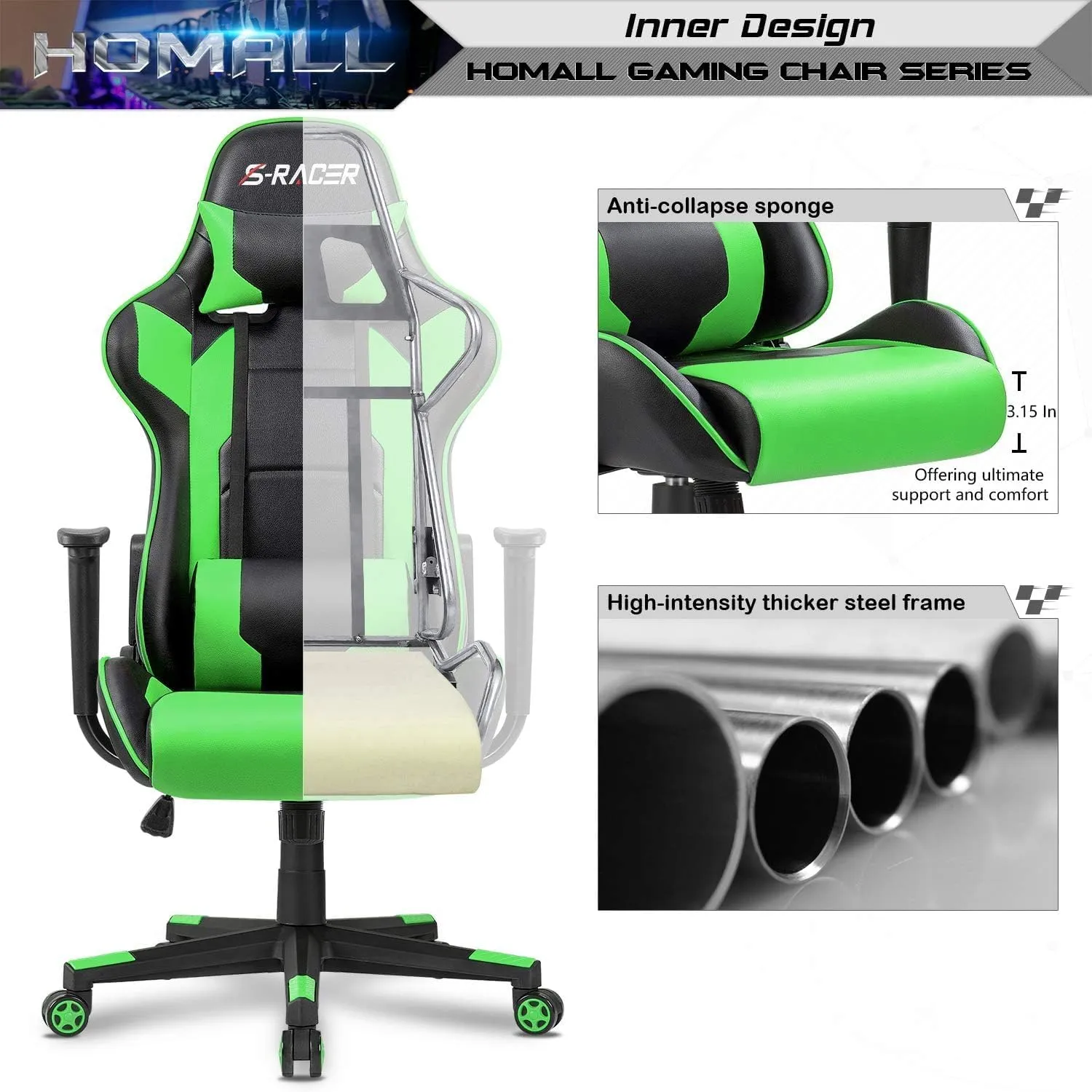 Homall Gaming Chair, Office Chair High Back Computer Chair Leather Desk Chair Racing Executive Ergonomic Adjustable Swivel Task Chair with Headrest and Lumbar Support (Green)