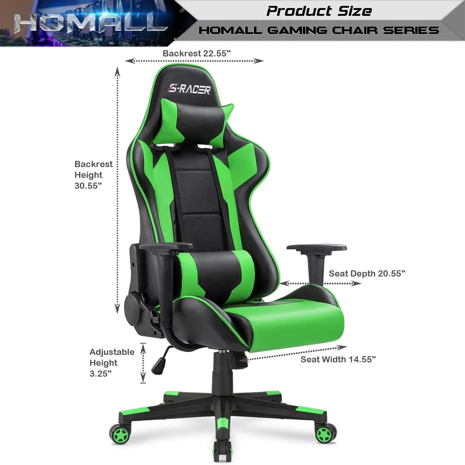 Homall Gaming Chair, Office Chair High Back Computer Chair Leather Desk Chair Racing Executive Ergonomic Adjustable Swivel Task Chair with Headrest and Lumbar Support (Green)