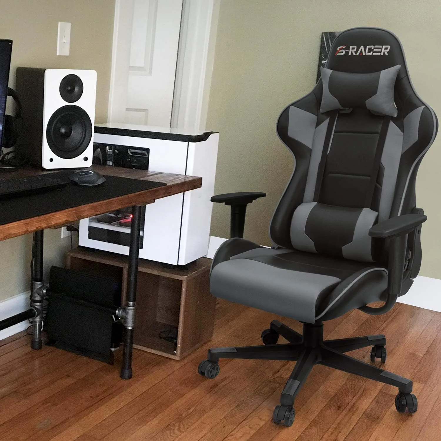 Homall Gaming Chair, Office Chair High Back Computer Chair Leather Desk Chair Racing Executive Ergonomic Adjustable Swivel Task Chair with Headrest and Lumbar Support (Grey)