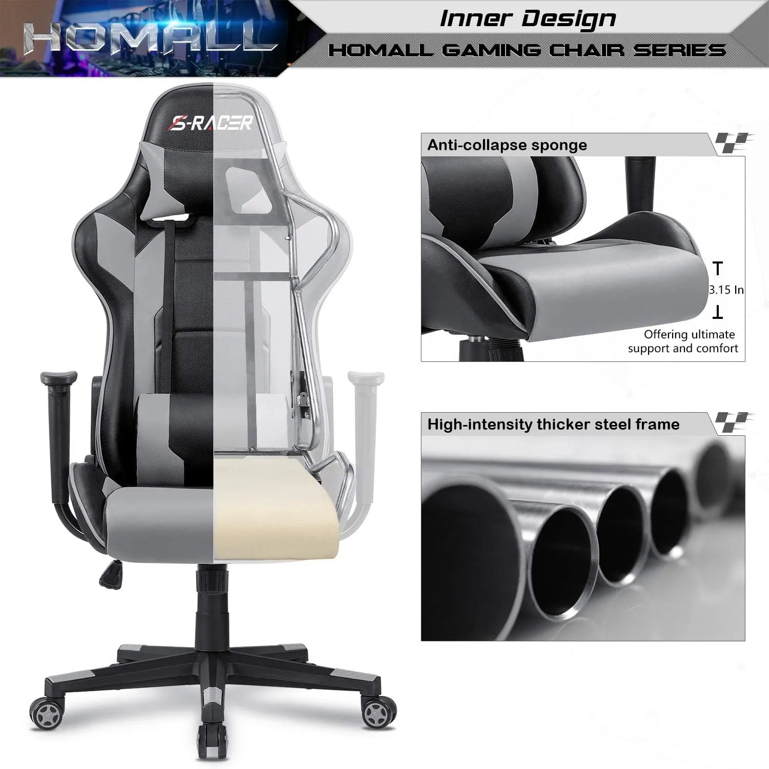 Homall Gaming Chair, Office Chair High Back Computer Chair Leather Desk Chair Racing Executive Ergonomic Adjustable Swivel Task Chair with Headrest and Lumbar Support (Grey)