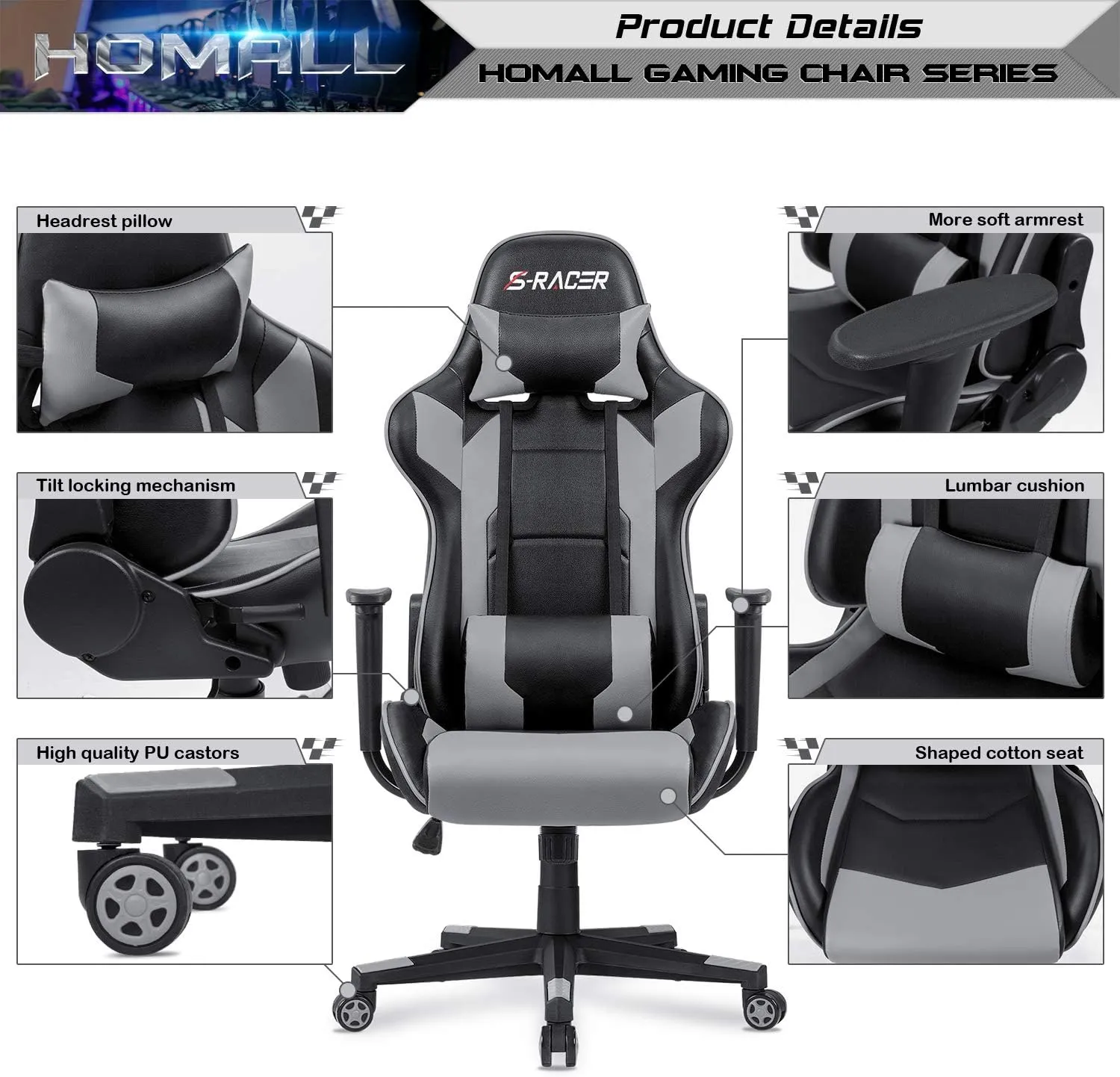 Homall Gaming Chair, Office Chair High Back Computer Chair Leather Desk Chair Racing Executive Ergonomic Adjustable Swivel Task Chair with Headrest and Lumbar Support (Grey)