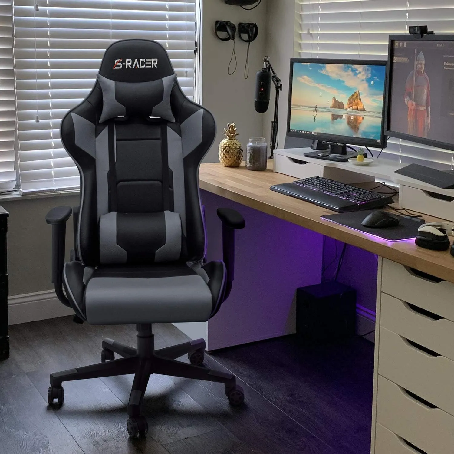 Homall Gaming Chair, Office Chair High Back Computer Chair Leather Desk Chair Racing Executive Ergonomic Adjustable Swivel Task Chair with Headrest and Lumbar Support (Grey)
