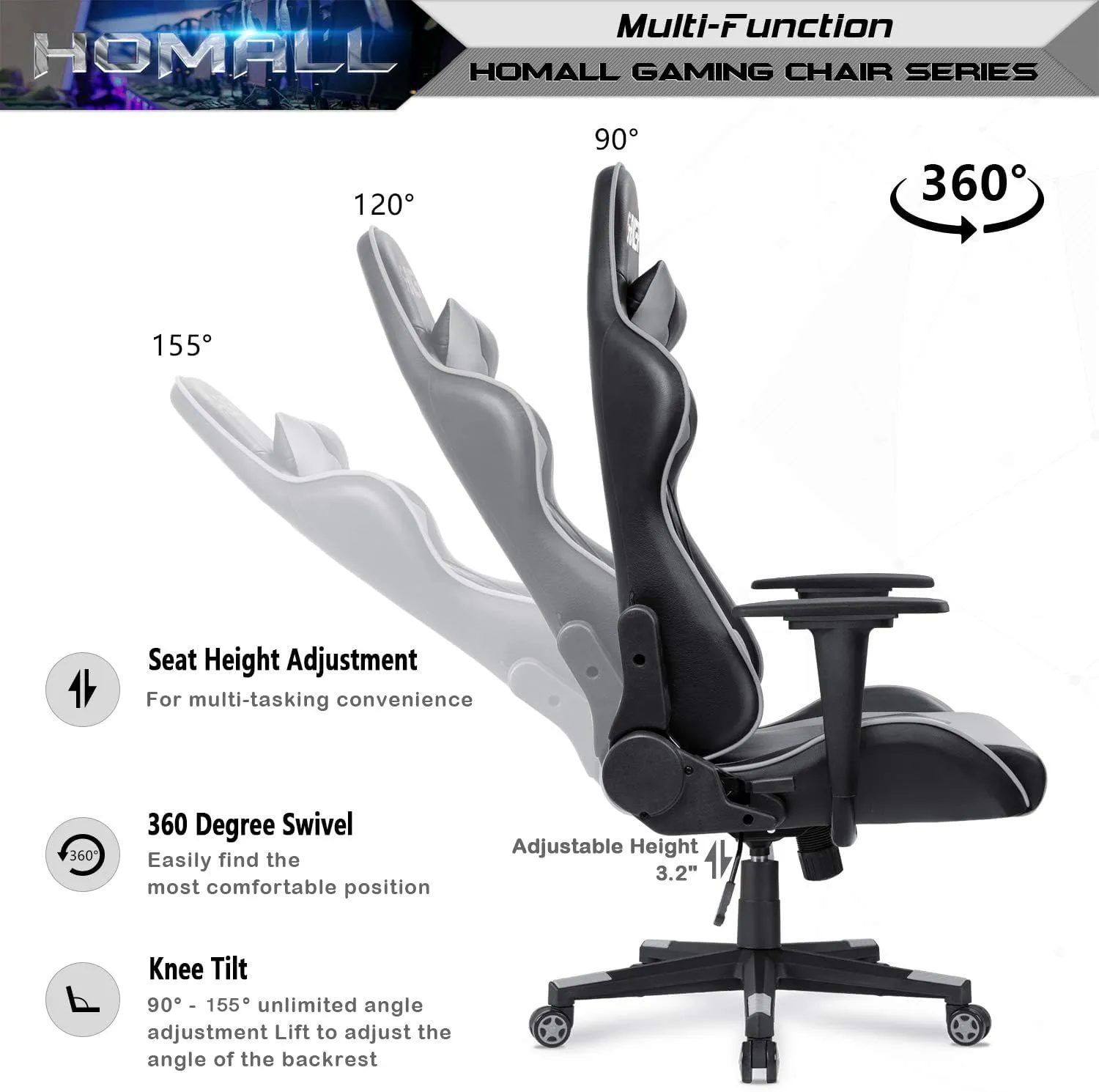Homall Gaming Chair, Office Chair High Back Computer Chair Leather Desk Chair Racing Executive Ergonomic Adjustable Swivel Task Chair with Headrest and Lumbar Support (Grey)