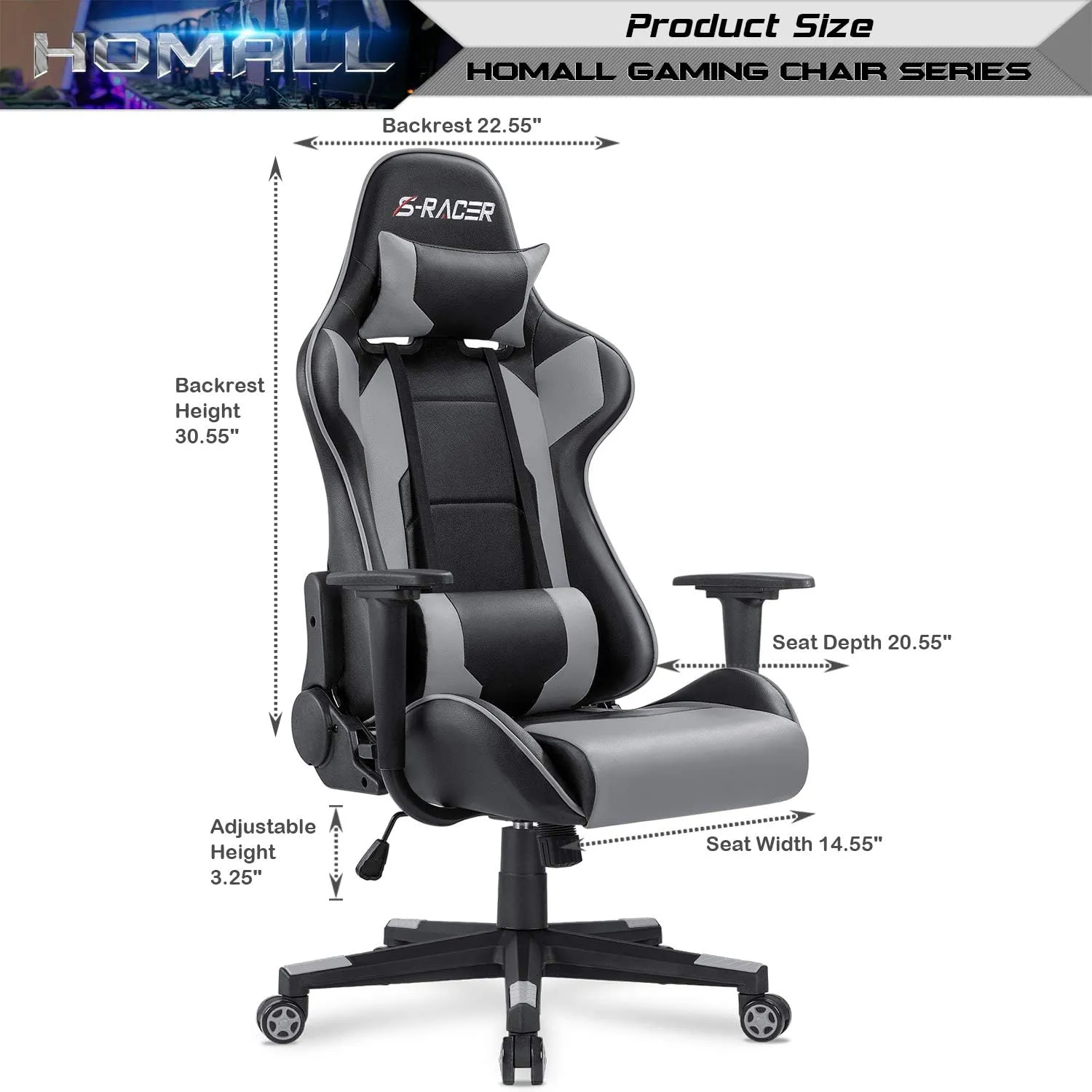 Homall Gaming Chair, Office Chair High Back Computer Chair Leather Desk Chair Racing Executive Ergonomic Adjustable Swivel Task Chair with Headrest and Lumbar Support (Grey)