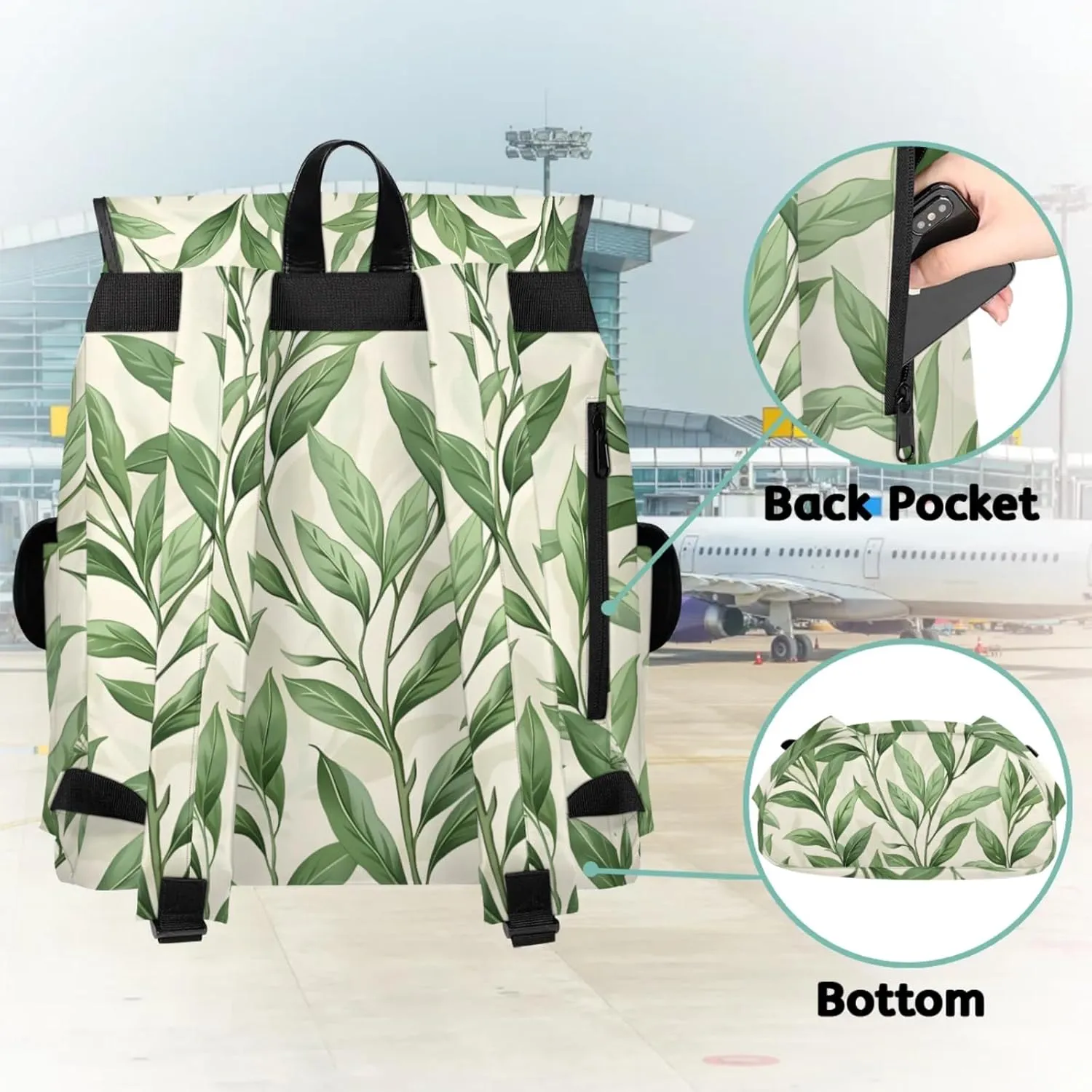 Honeybaby Vintage Waterproof Laptop Backpack for Men/Women Travel Essentials Backpack Expandable Carry On Bag with Anti-Theft Compartment Fits 15" Notebook Green Leaves Printed