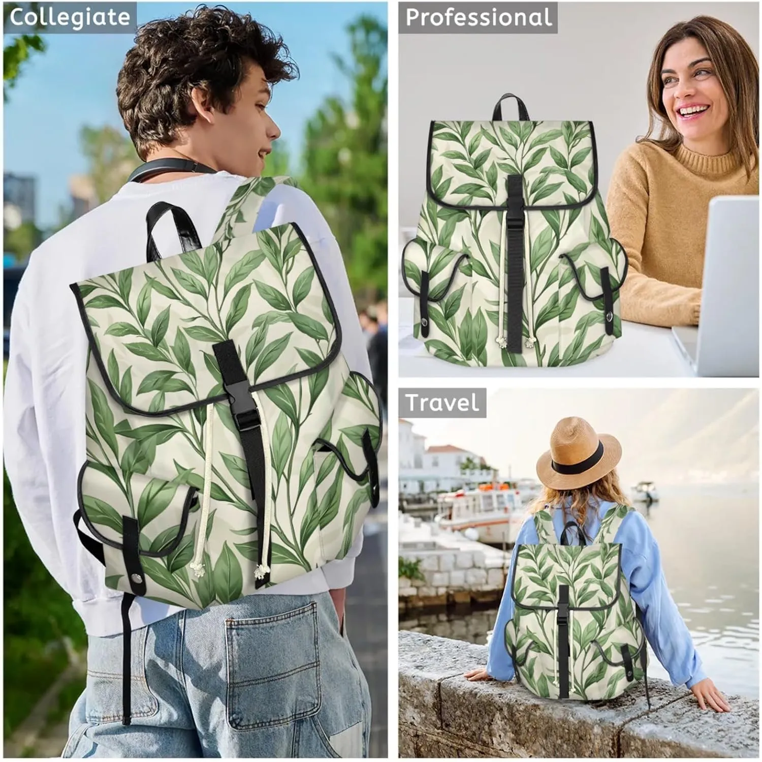 Honeybaby Vintage Waterproof Laptop Backpack for Men/Women Travel Essentials Backpack Expandable Carry On Bag with Anti-Theft Compartment Fits 15" Notebook Green Leaves Printed
