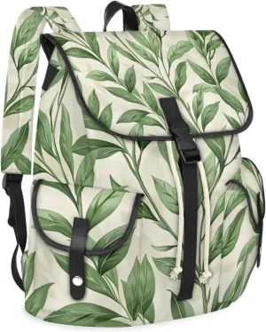 Honeybaby Vintage Waterproof Laptop Backpack for Men/Women Travel Essentials Backpack Expandable Carry On Bag with Anti-Theft Compartment Fits 15" Notebook Green Leaves Printed