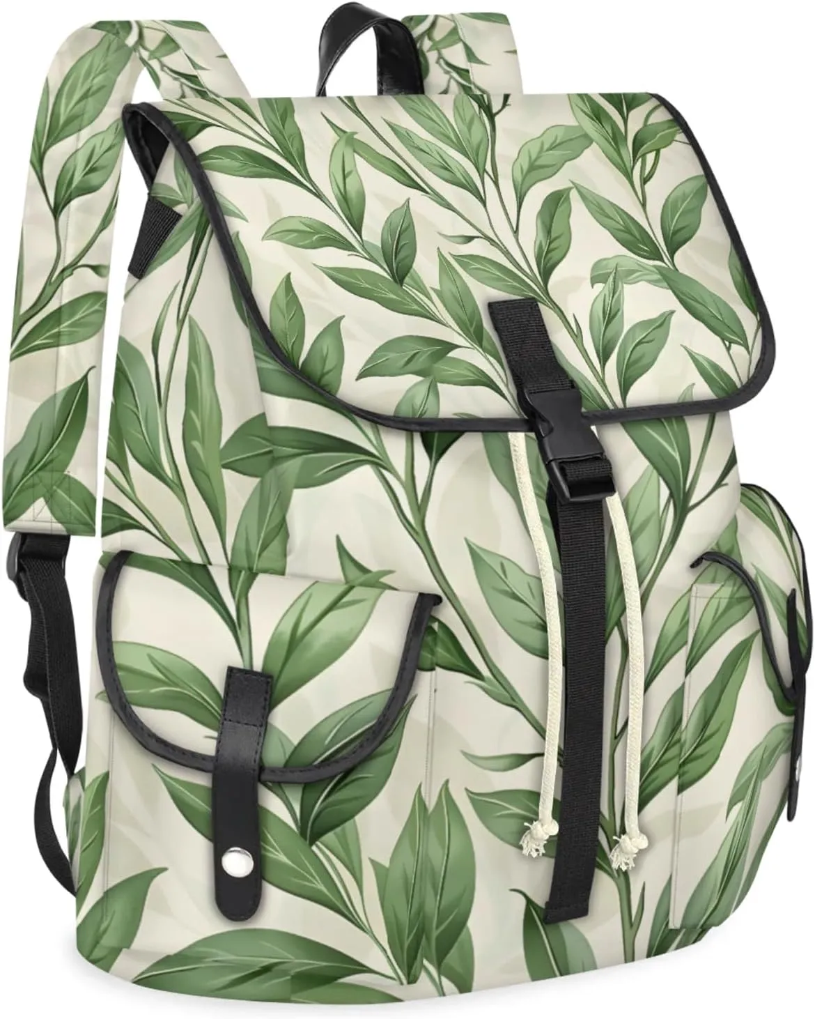 Honeybaby Vintage Waterproof Laptop Backpack for Men/Women Travel Essentials Backpack Expandable Carry On Bag with Anti-Theft Compartment Fits 15" Notebook Green Leaves Printed