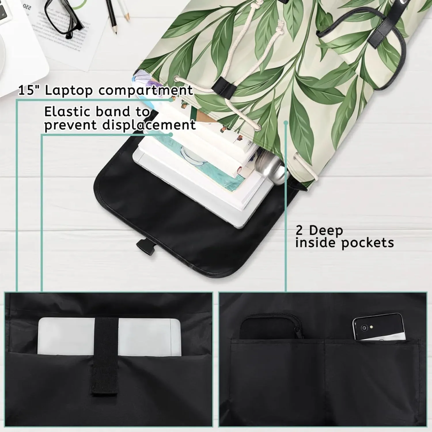 Honeybaby Vintage Waterproof Laptop Backpack for Men/Women Travel Essentials Backpack Expandable Carry On Bag with Anti-Theft Compartment Fits 15" Notebook Green Leaves Printed