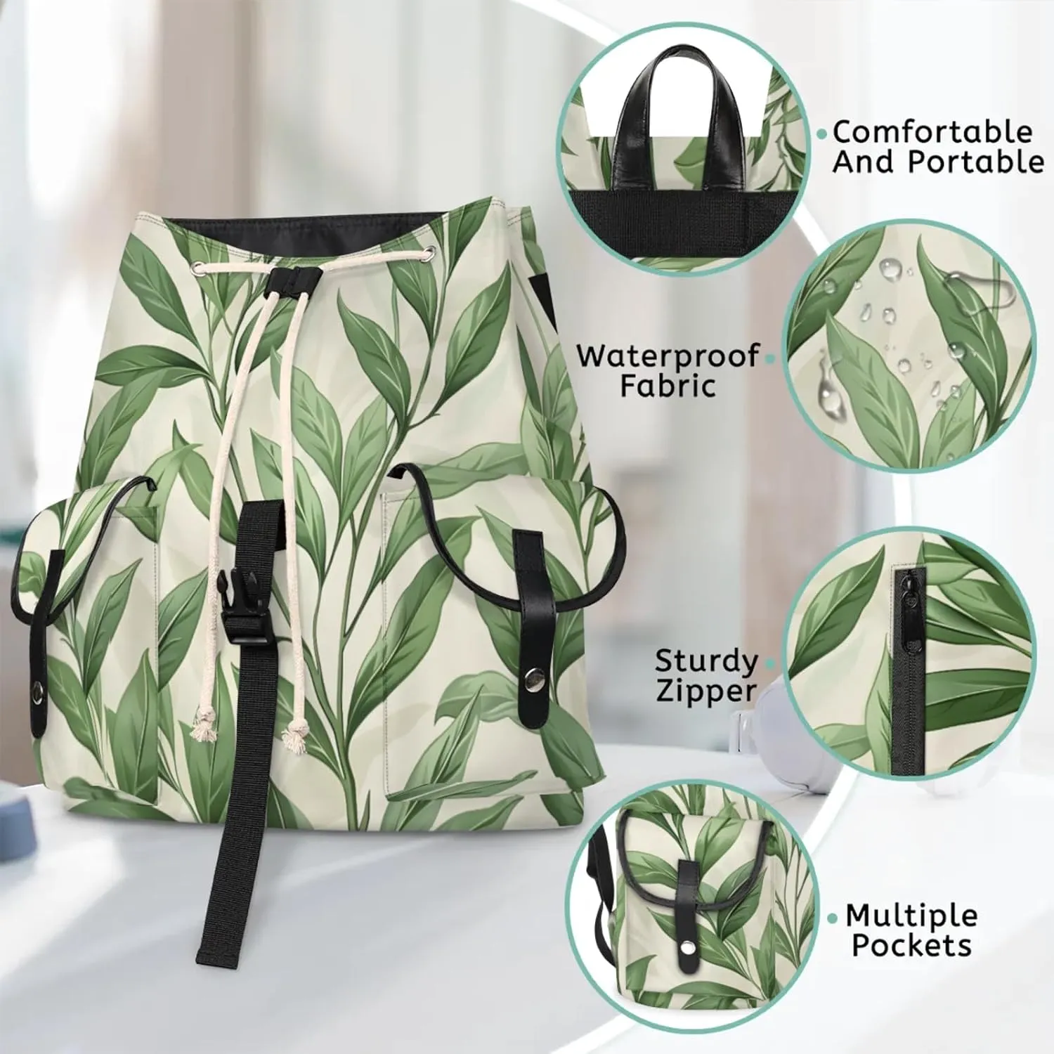 Honeybaby Vintage Waterproof Laptop Backpack for Men/Women Travel Essentials Backpack Expandable Carry On Bag with Anti-Theft Compartment Fits 15" Notebook Green Leaves Printed