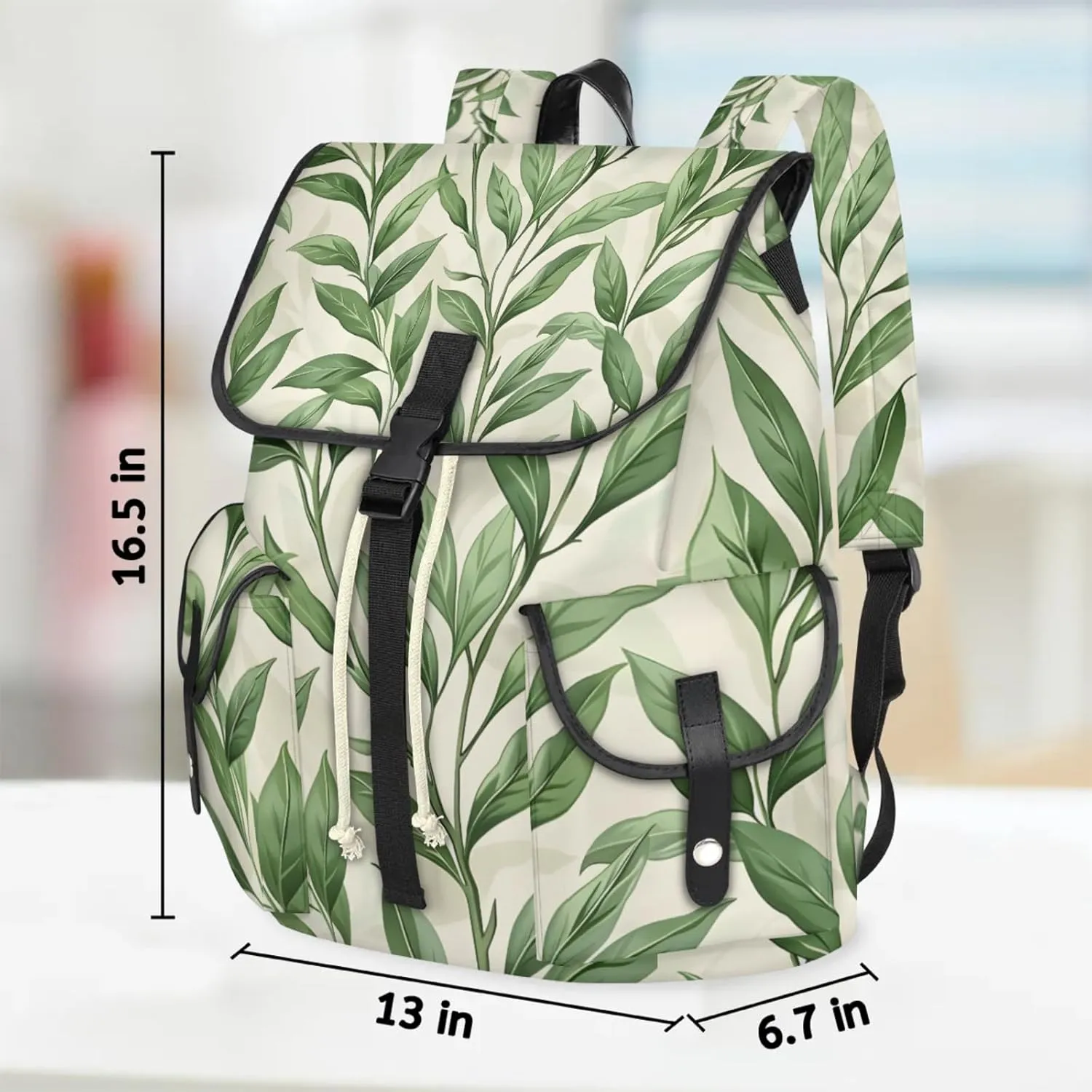 Honeybaby Vintage Waterproof Laptop Backpack for Men/Women Travel Essentials Backpack Expandable Carry On Bag with Anti-Theft Compartment Fits 15" Notebook Green Leaves Printed