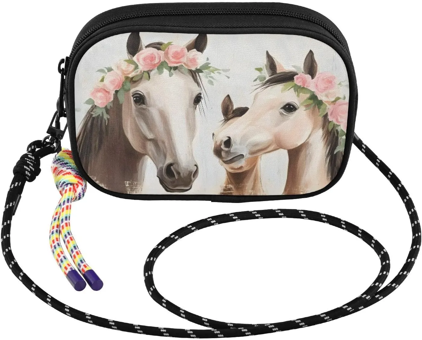 Horse Garland Vintage Crossbody Bags for Women Cell Phone Purses Women's Shoulder Handbag Wallet Purse with Rope Pendant