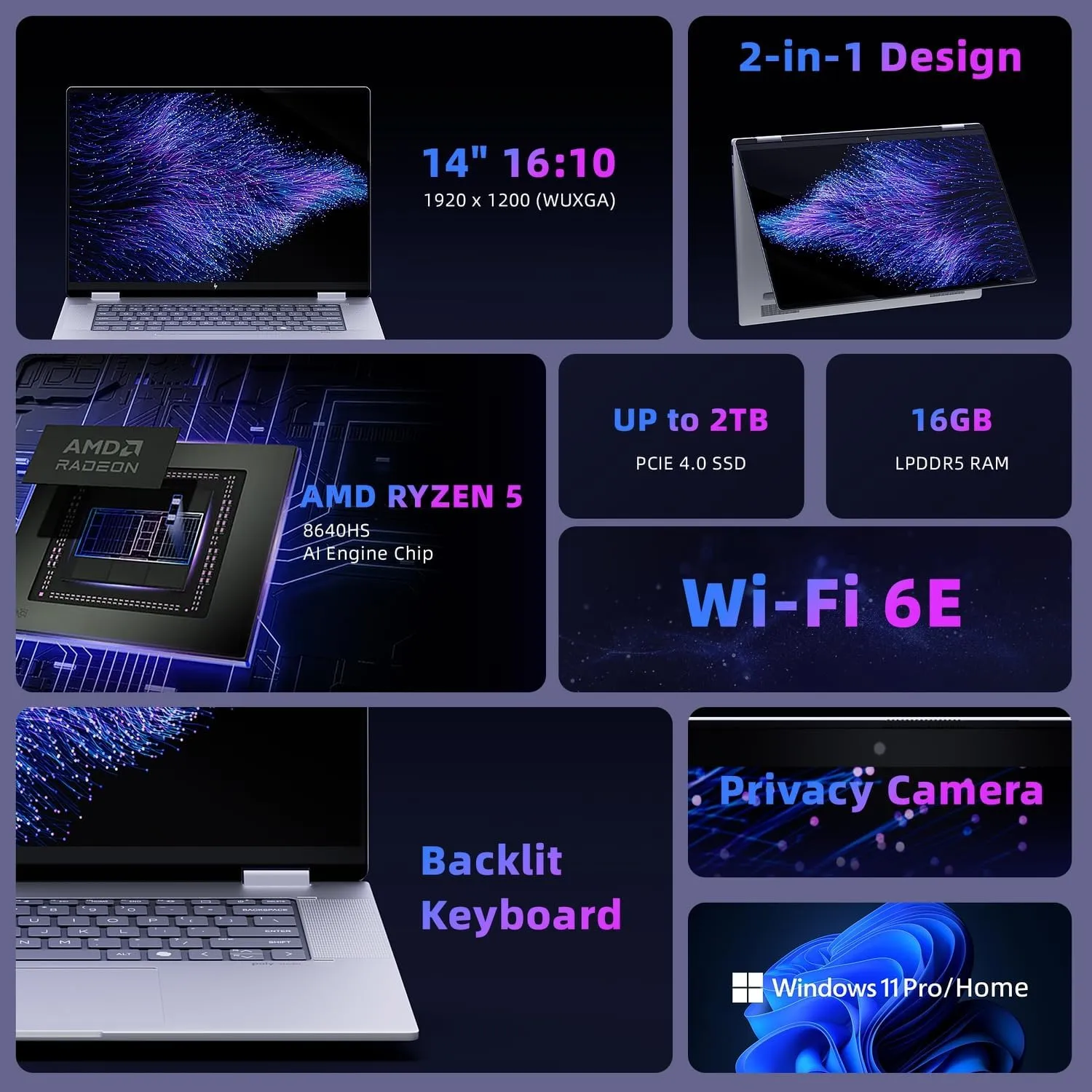 HP Envy x360 2-in-1 Laptop, 14" Touchscreen IPS WUXGA Display, AMD Ryzen 5 8640HS, 16GB LPDDR5, 512GB SSD, WiFi 6E, Backlit KB, Copilot Key, Microsoft Surface Pen, USB Fingerprint Reader, Win 11