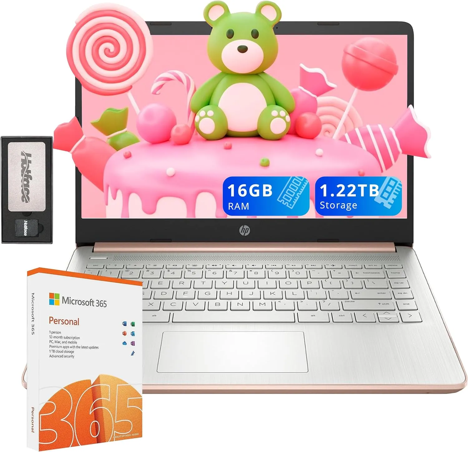 HP Flagship 14" HD Laptop with 1 Year Office 365 | 16GB RAM | 1.22TB Storage(64GB EMMC & 160GB Docking Station Set & 1TB Cloud Storage) | Intel 4-Core Processor | Webcam | Win 11s | Gold