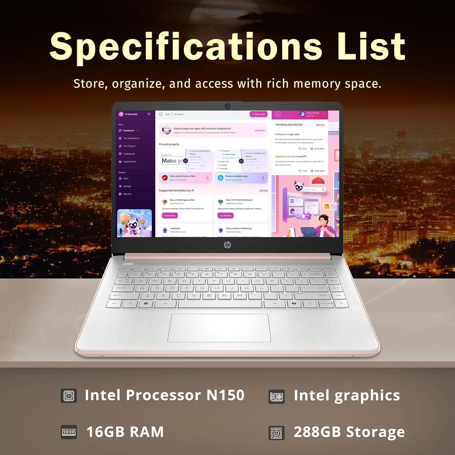 HP Stream 14" HD Laptop, Intel Processor N150, 16GB RAM, 288GB Storage(128GB UFS 160GB Docking Station Set), Intel Graphics, Webcam, Wi-Fi 6, 1 Year Office 365, Copilot, Fast Charge, Win 11, Gold