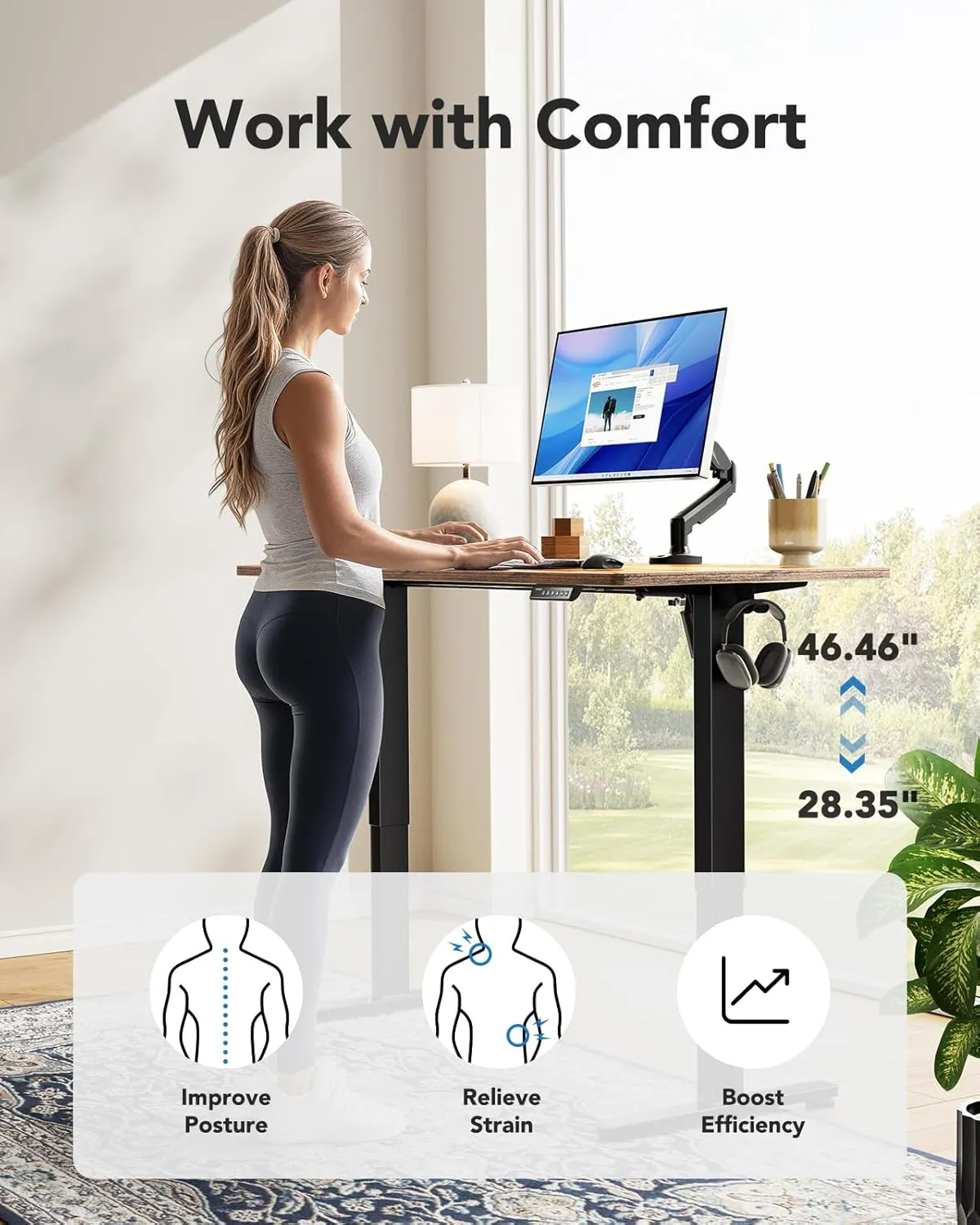 HUANUO Electric Standing Desk, 48" x 30" Whole Piece Desktop, Adjustable Height Computer Desk, 4 Height Memory Settings, Sit Stand Up Desk for Home Office, Vintage