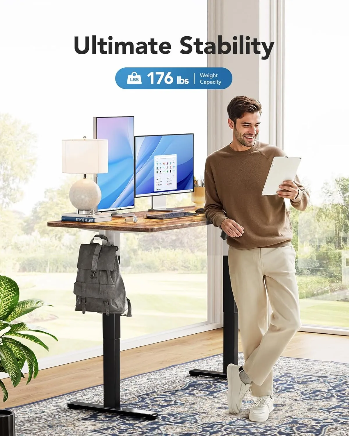 HUANUO Electric Standing Desk, 48" x 30" Whole Piece Desktop, Adjustable Height Computer Desk, 4 Height Memory Settings, Sit Stand Up Desk for Home Office, Vintage