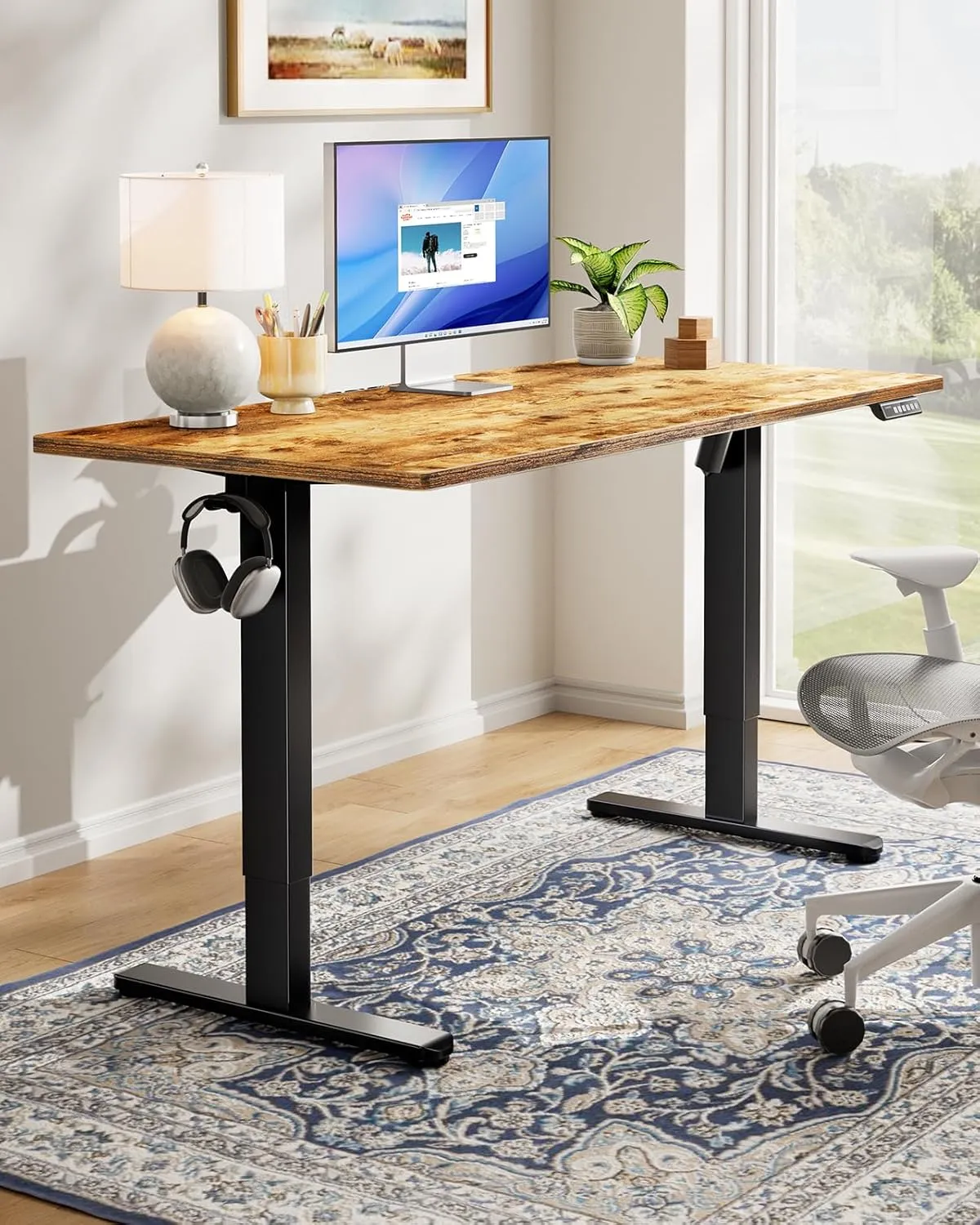 HUANUO Electric Standing Desk, 48" x 30" Whole Piece Desktop, Adjustable Height Computer Desk, 4 Height Memory Settings, Sit Stand Up Desk for Home Office, Vintage