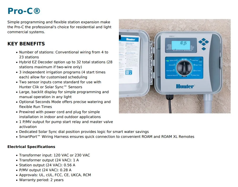 Hunter PRO-C P2C 4 Station Modular Irrigation Controller and Modules (Expandable to 32 Stations)