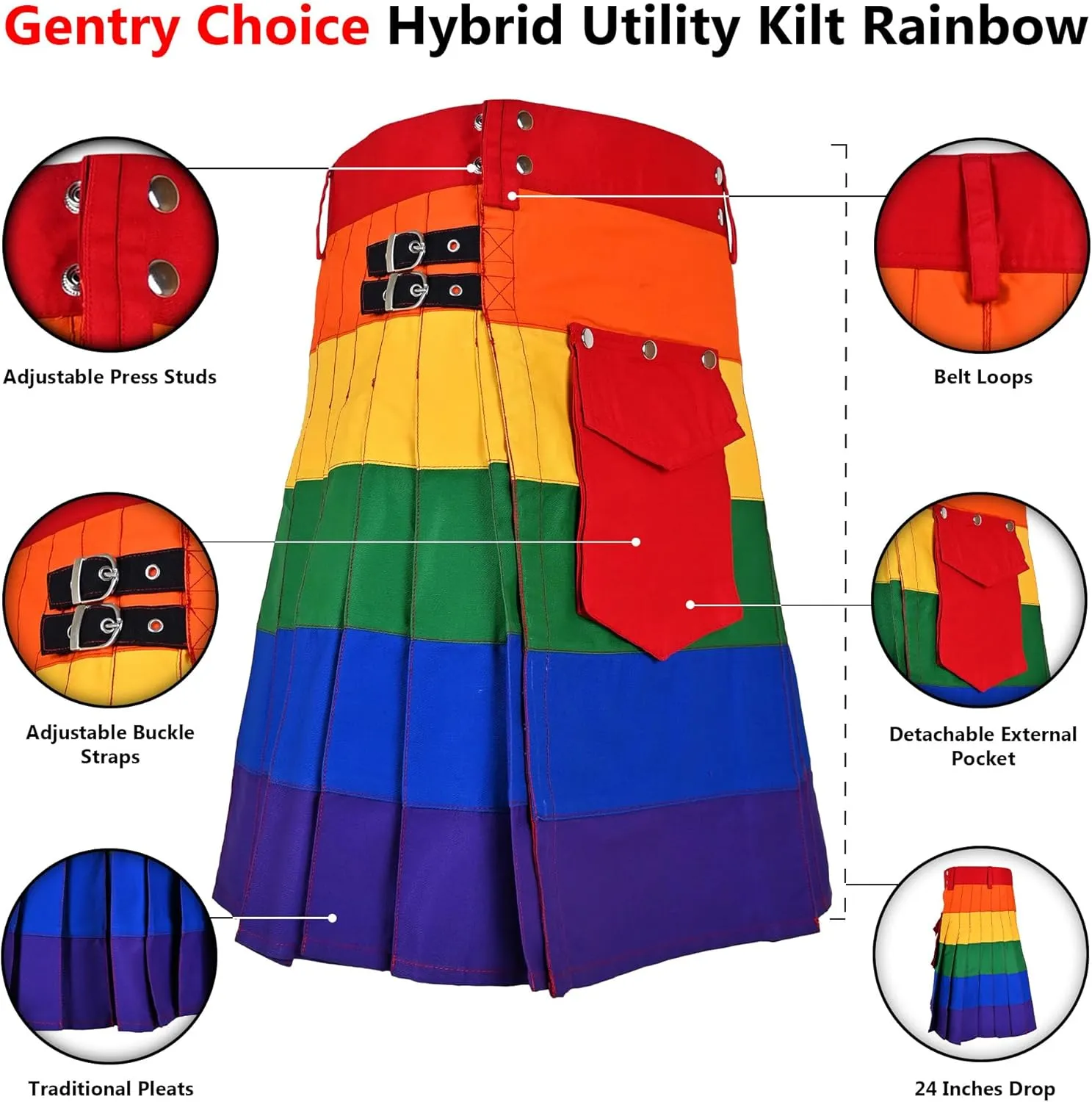 Hybrid Kilt Rainbow LGBTQ Flag Pride Dress Mardi Gras Outfit Parade Sports Skirt Scottish Utility Kilts