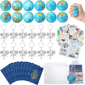 HyDren 12 Sets Travel Party Favors Earth Stress Balls, Airplane Keychain, Passport Book with Assorted Travel Stickers for Scrapbooks, Organza Bags for Adventure Theme Party Graduation Thank Gifts