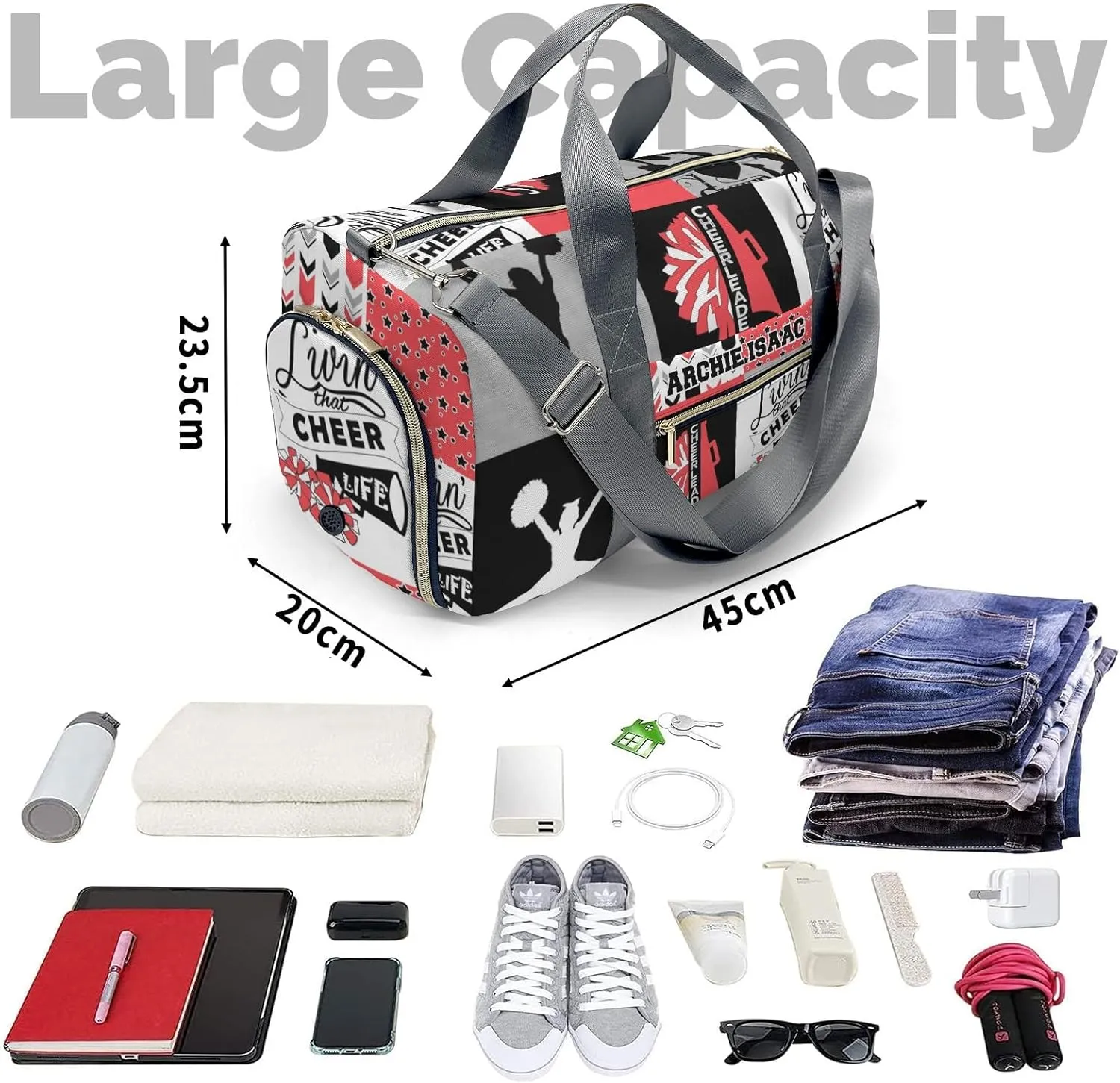 I Love Cheer Cheerleader Personalized Sports Duffel Bags Customized Multi-Function Travel Bag Gym Bag Dance Ballet Overnight Weekend Duffel Bag