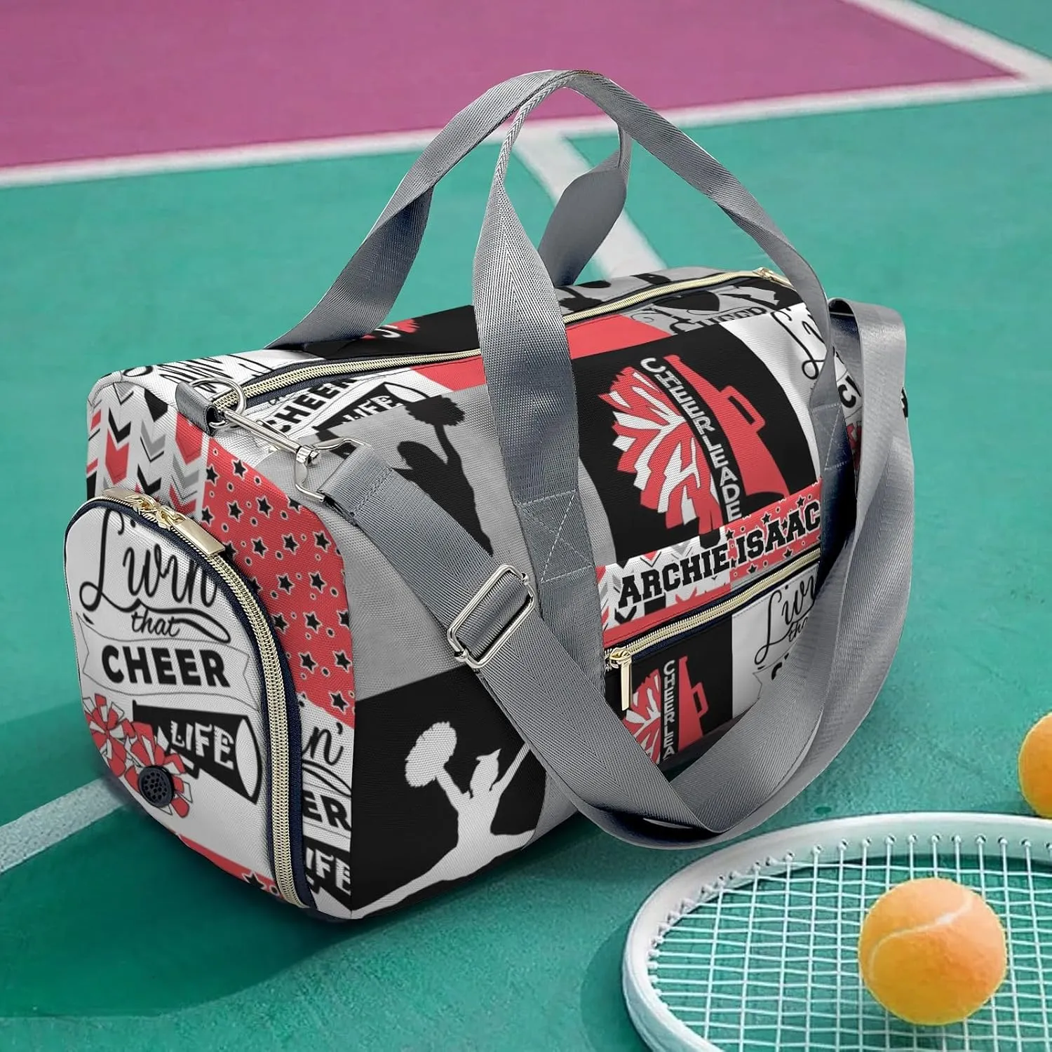 I Love Cheer Cheerleader Personalized Sports Duffel Bags Customized Multi-Function Travel Bag Gym Bag Dance Ballet Overnight Weekend Duffel Bag