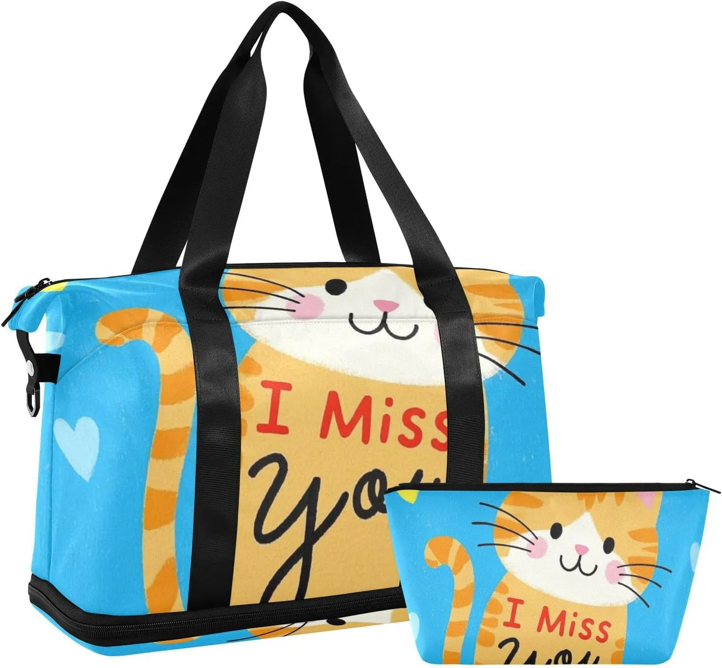 I Miss You Cartoon Cute Brown Cat Large Travel Bag Large Carry On Bag with Adjustable Strap for Business Trips Foldable