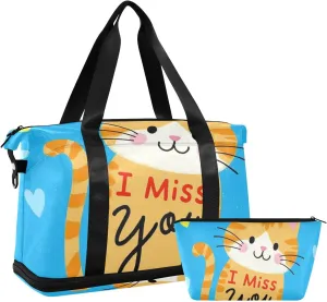 I Miss You Cartoon Cute Brown Cat Large Travel Bag Large Carry On Bag with Adjustable Strap for Business Trips Foldable