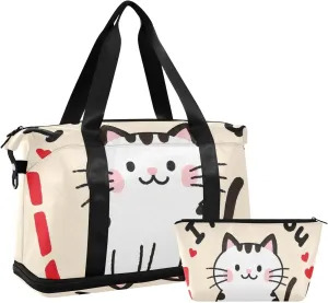 I Miss You Cartoon Cute White Cat Sports Gym Bag Overnight Weekender Bags with Toiletry Bag for Workout Large Capacity