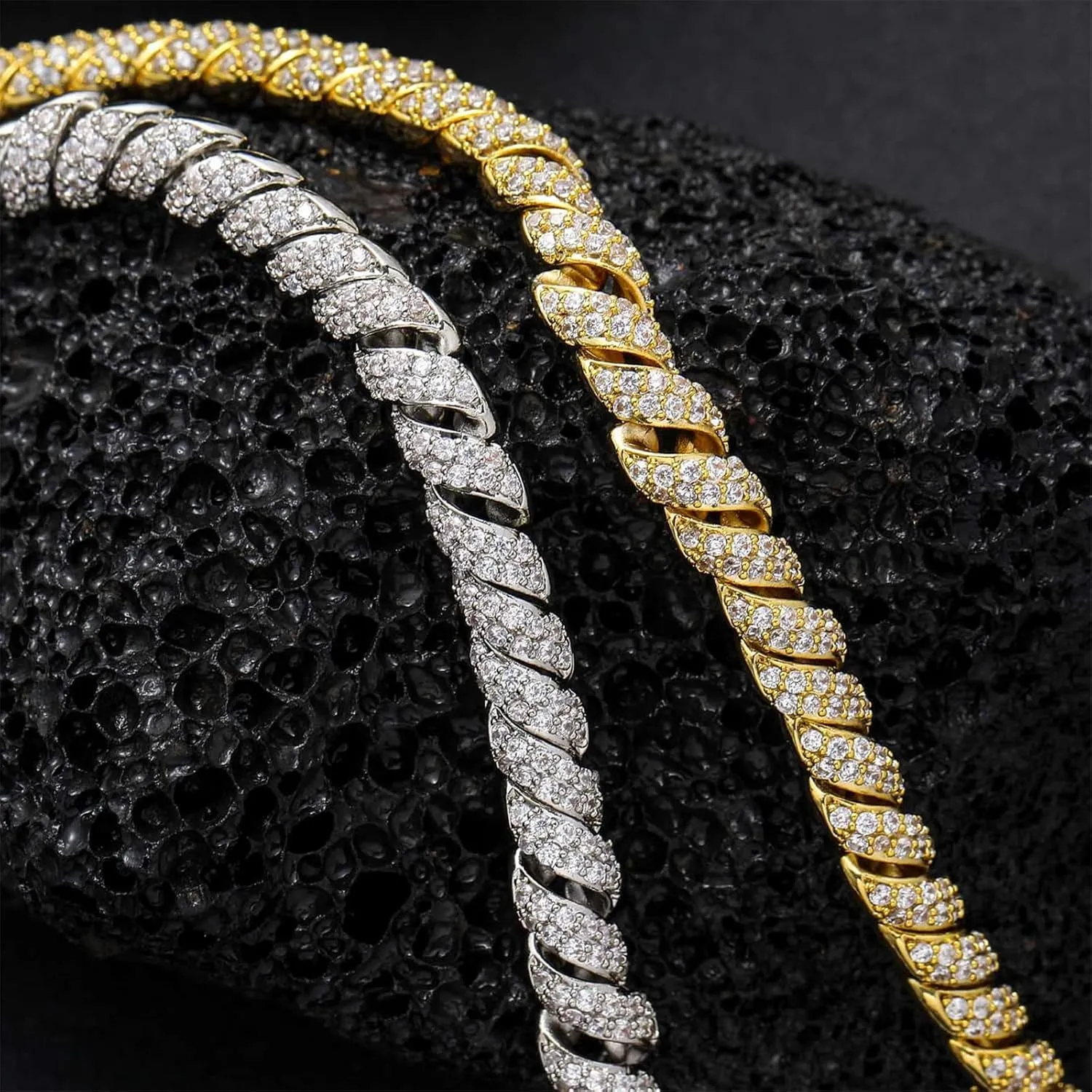 ICEDIAMOND 10mm Gold Plated Creative Retro Helix Cables Design Rope Chain Necklace, Iced Out Bling CZ Lab Diamond Hip Hop Charm Jewelry for Men
