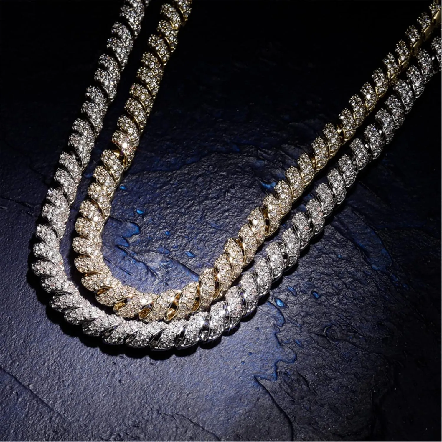 ICEDIAMOND 10mm Gold Plated Creative Retro Helix Cables Design Rope Chain Necklace, Iced Out Bling CZ Lab Diamond Hip Hop Charm Jewelry for Men