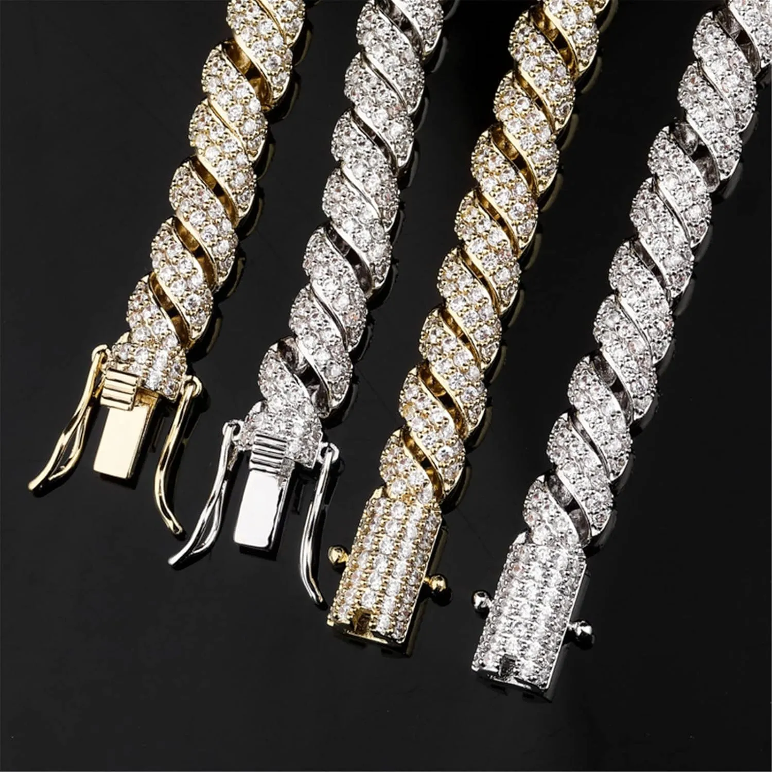 ICEDIAMOND 10mm Gold Plated Creative Retro Helix Cables Design Rope Chain Necklace, Iced Out Bling CZ Lab Diamond Hip Hop Charm Jewelry for Men