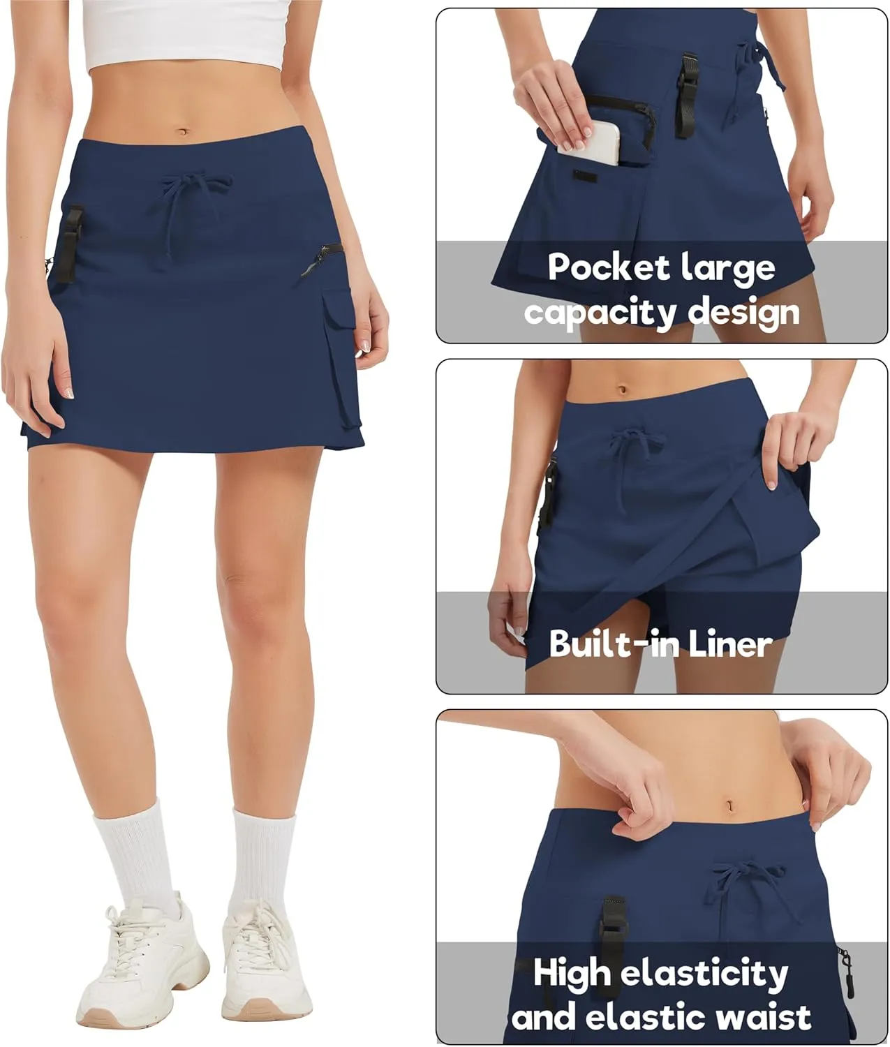Idtswch Women's 16" High Waisted Hiking Cargo Skort with Zipper Pockets - Quick Dry Golf & Workout Skirt