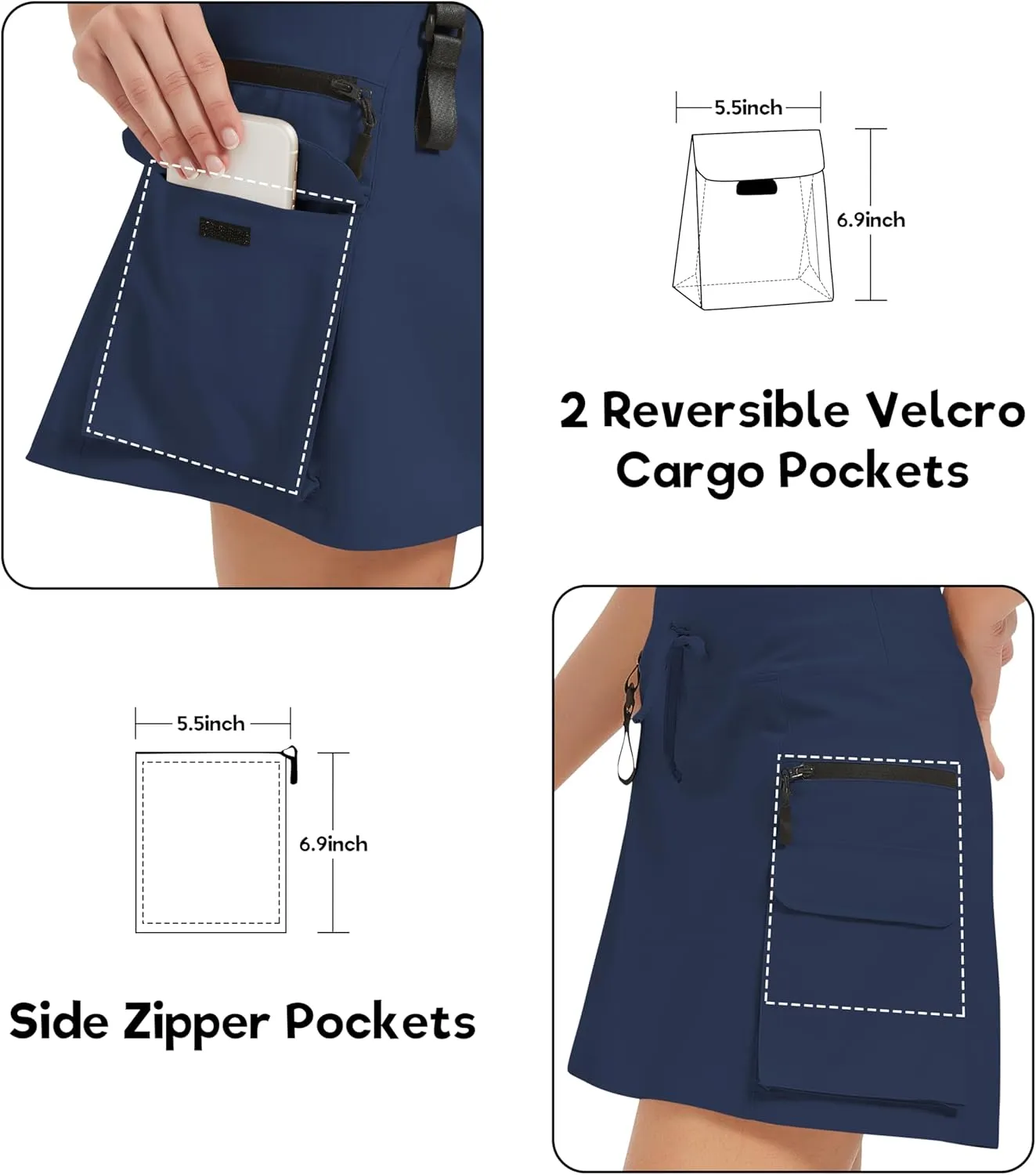 Idtswch Women's 16" High Waisted Hiking Cargo Skort with Zipper Pockets - Quick Dry Golf & Workout Skirt