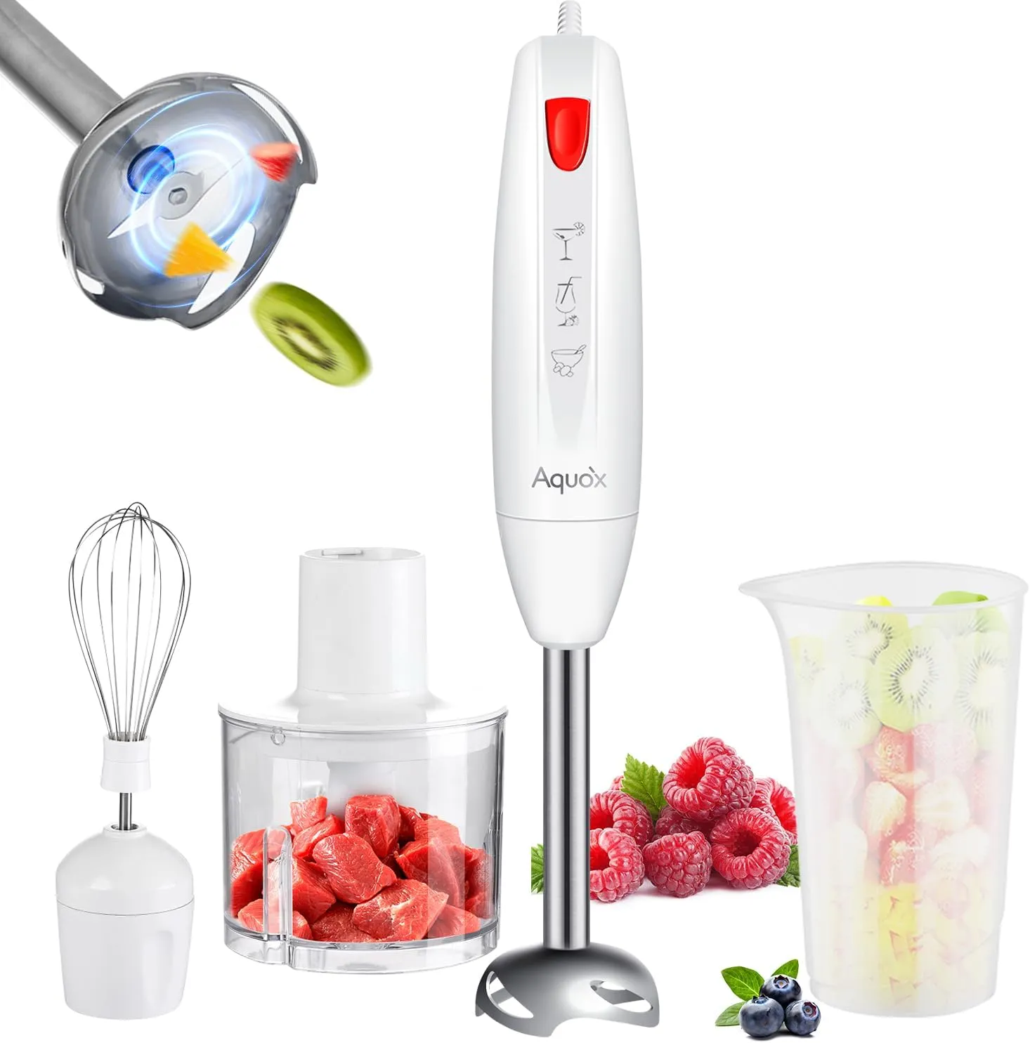 Immersion Blender 4 in 1, 16000rpm Speed, 400W Turbo Motor & Ergonomic Grip Hand Blender Set, Splash-Proof Stainless Steel Blades, for Soup, Baby Food, Smoothies, Sauce (Red Ivory)