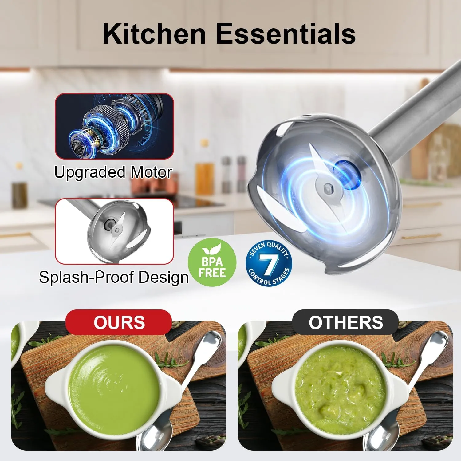 Immersion Blender 4 in 1, 16000rpm Speed, 400W Turbo Motor & Ergonomic Grip Hand Blender Set, Splash-Proof Stainless Steel Blades, for Soup, Baby Food, Smoothies, Sauce (Red Ivory)