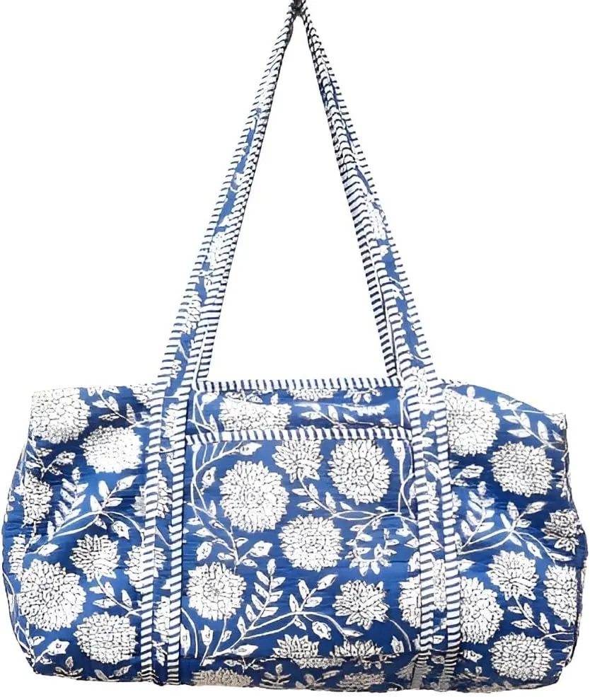 Indian Cotton Floral Printed Quilted Duffle Bag Large Size Beautiful Block Print Weekender Bags Handmade Shoulder Travel Overnight Bag