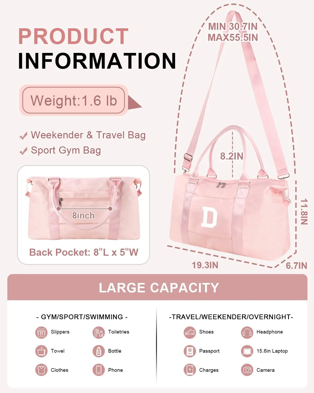 Initial Travel Duffel Bag Sports Gym Bag for Girls Teen Birthday Gifts,Pink Personalized Weekender Bag Carry On Tote Bags for Women Men,Waterproof Overnight Luggage Bag with Trolley Sleeve(Letter D)