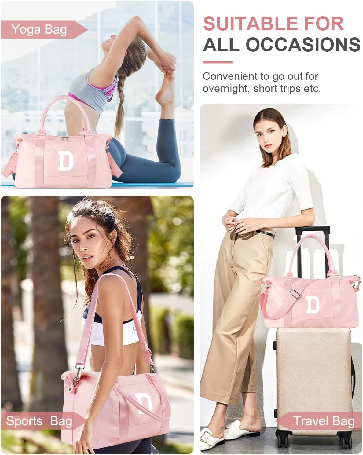 Initial Travel Duffel Bag Sports Gym Bag for Girls Teen Birthday Gifts,Pink Personalized Weekender Bag Carry On Tote Bags for Women Men,Waterproof Overnight Luggage Bag with Trolley Sleeve(Letter D)