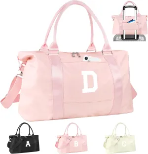 Initial Travel Duffel Bag Sports Gym Bag for Girls Teen Birthday Gifts,Pink Personalized Weekender Bag Carry On Tote Bags for Women Men,Waterproof Overnight Luggage Bag with Trolley Sleeve(Letter D)
