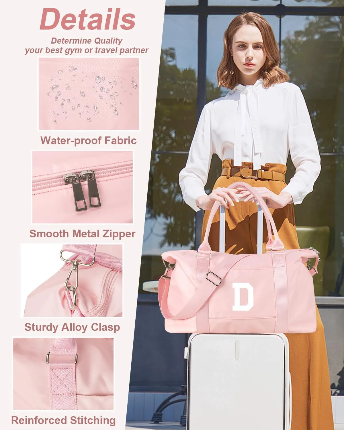 Initial Travel Duffel Bag Sports Gym Bag for Girls Teen Birthday Gifts,Pink Personalized Weekender Bag Carry On Tote Bags for Women Men,Waterproof Overnight Luggage Bag with Trolley Sleeve(Letter D)