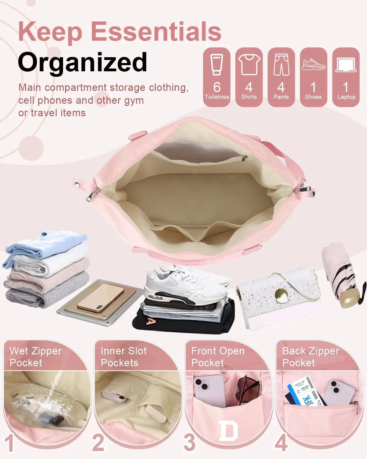 Initial Travel Duffel Bag Sports Gym Bag for Girls Teen Birthday Gifts,Pink Personalized Weekender Bag Carry On Tote Bags for Women Men,Waterproof Overnight Luggage Bag with Trolley Sleeve(Letter D)