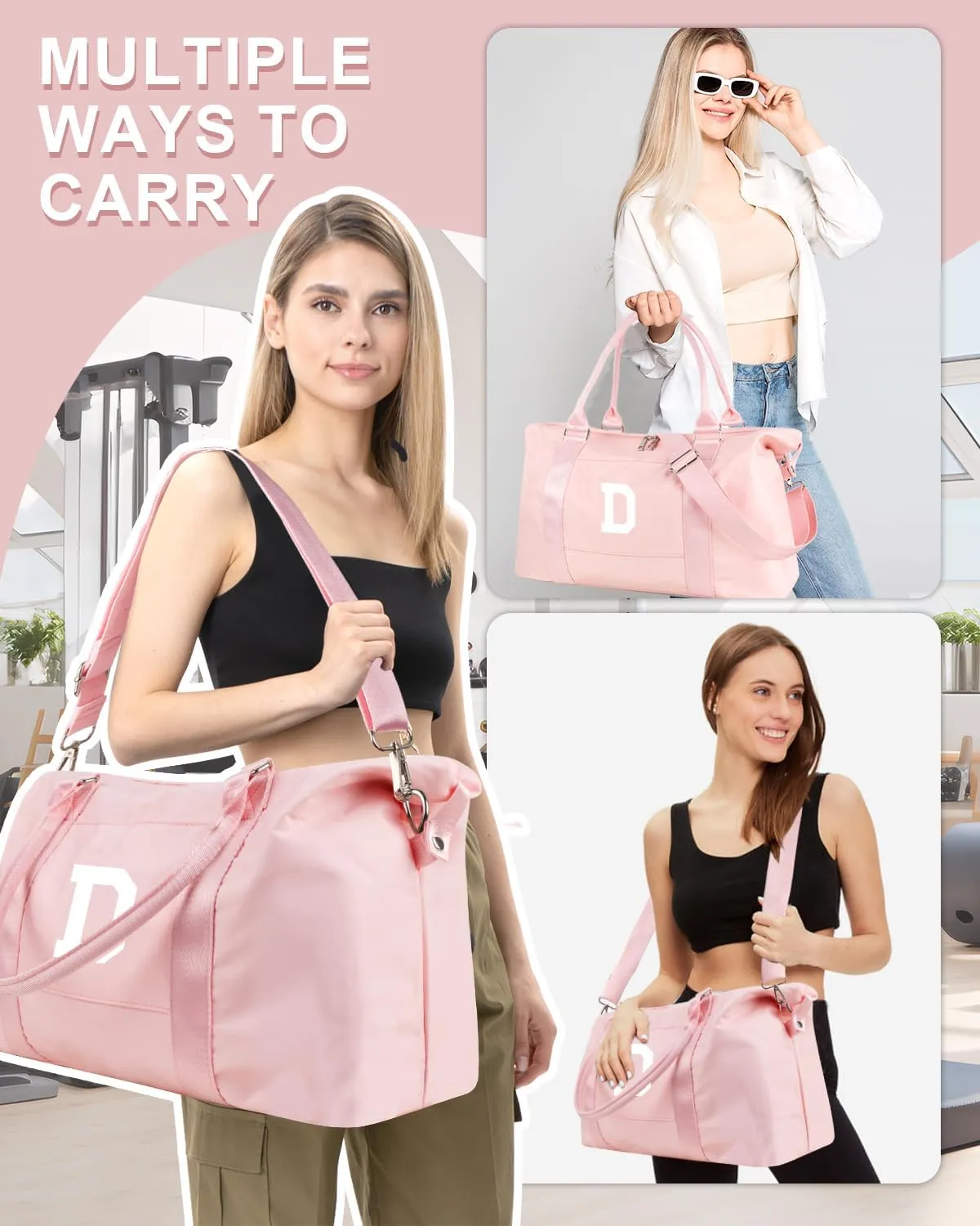 Initial Travel Duffel Bag Sports Gym Bag for Girls Teen Birthday Gifts,Pink Personalized Weekender Bag Carry On Tote Bags for Women Men,Waterproof Overnight Luggage Bag with Trolley Sleeve(Letter D)