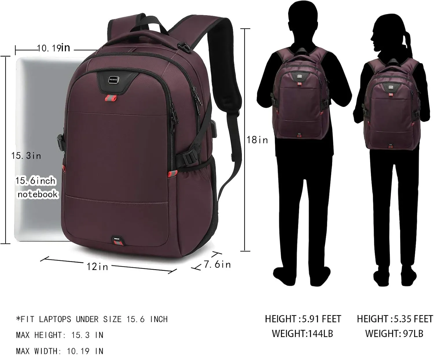 INSAVANT Laptop Backpack 15.6 Inch Water Resistant Backpacks Durable College Travel Daypack Anti Theft with USB Charging Port Best Gift for Men Women (15.6 Inch, Purple)